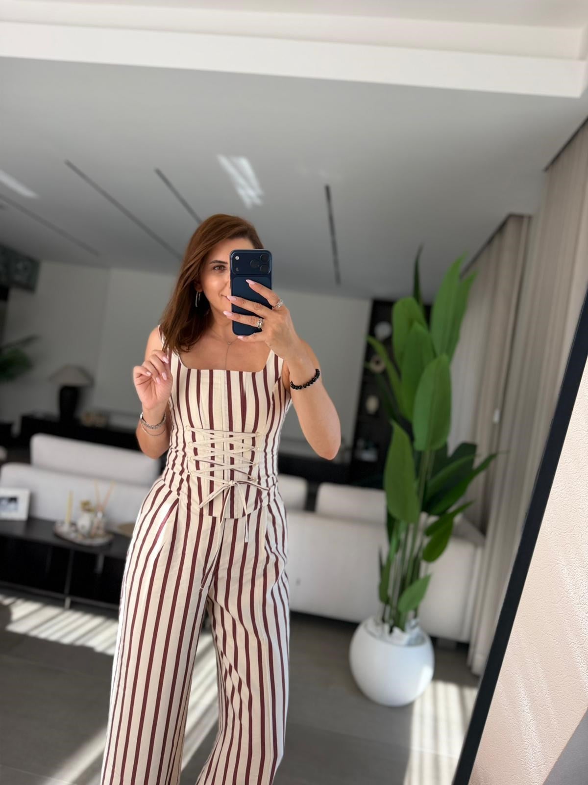 Bordo Önü İpli Çizgili Bluz Takım