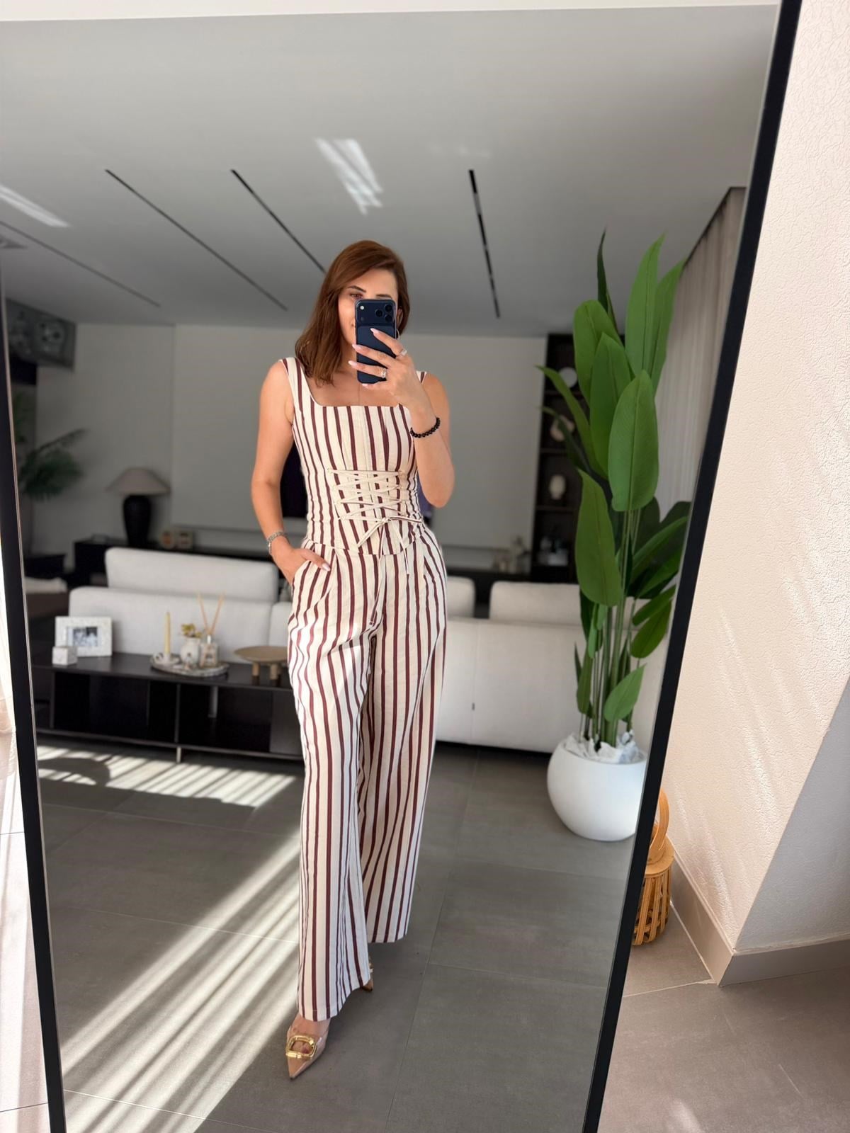 Bordo Önü İpli Çizgili Bluz Takım