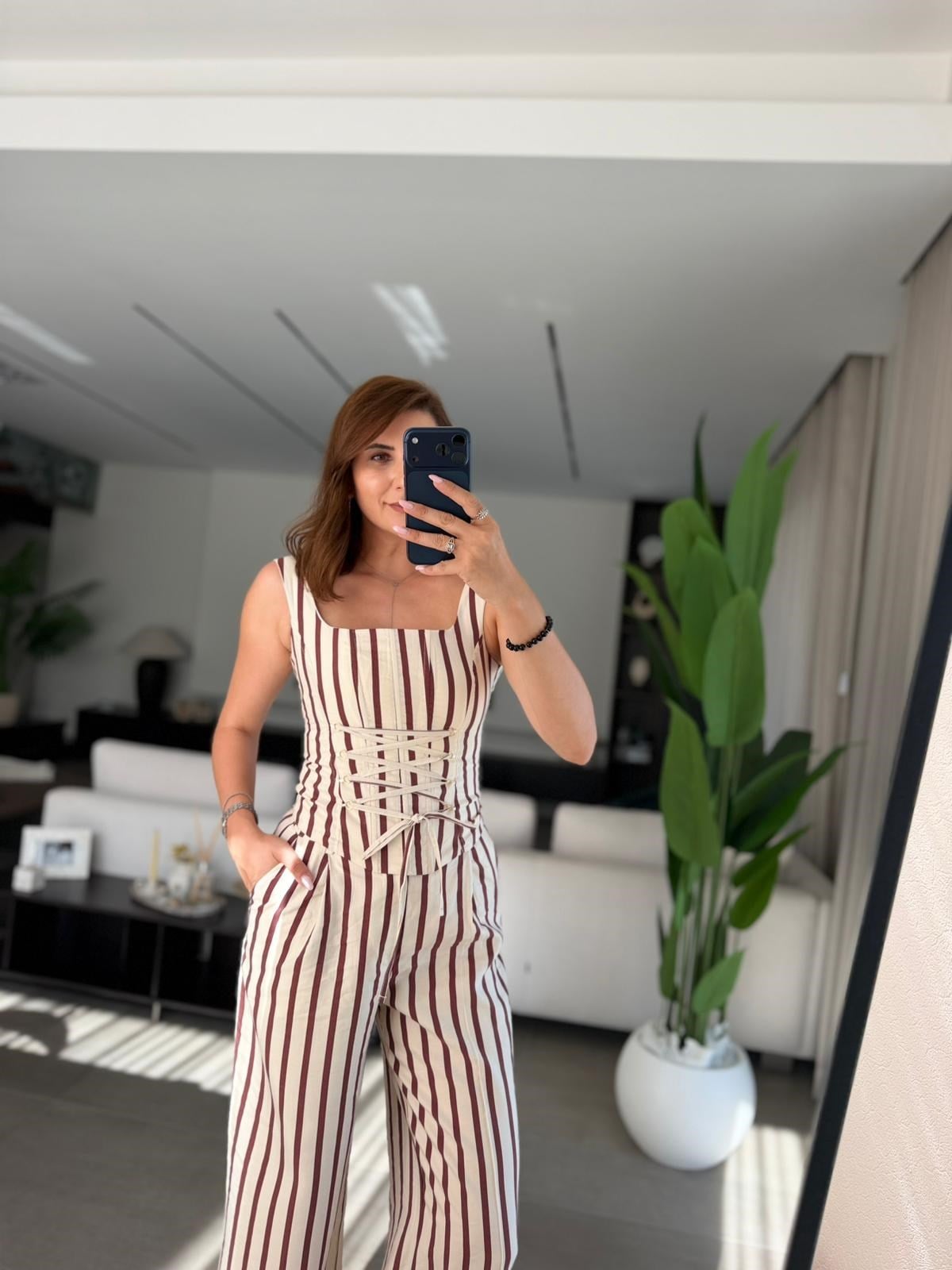 Bordo Önü İpli Çizgili Bluz Takım