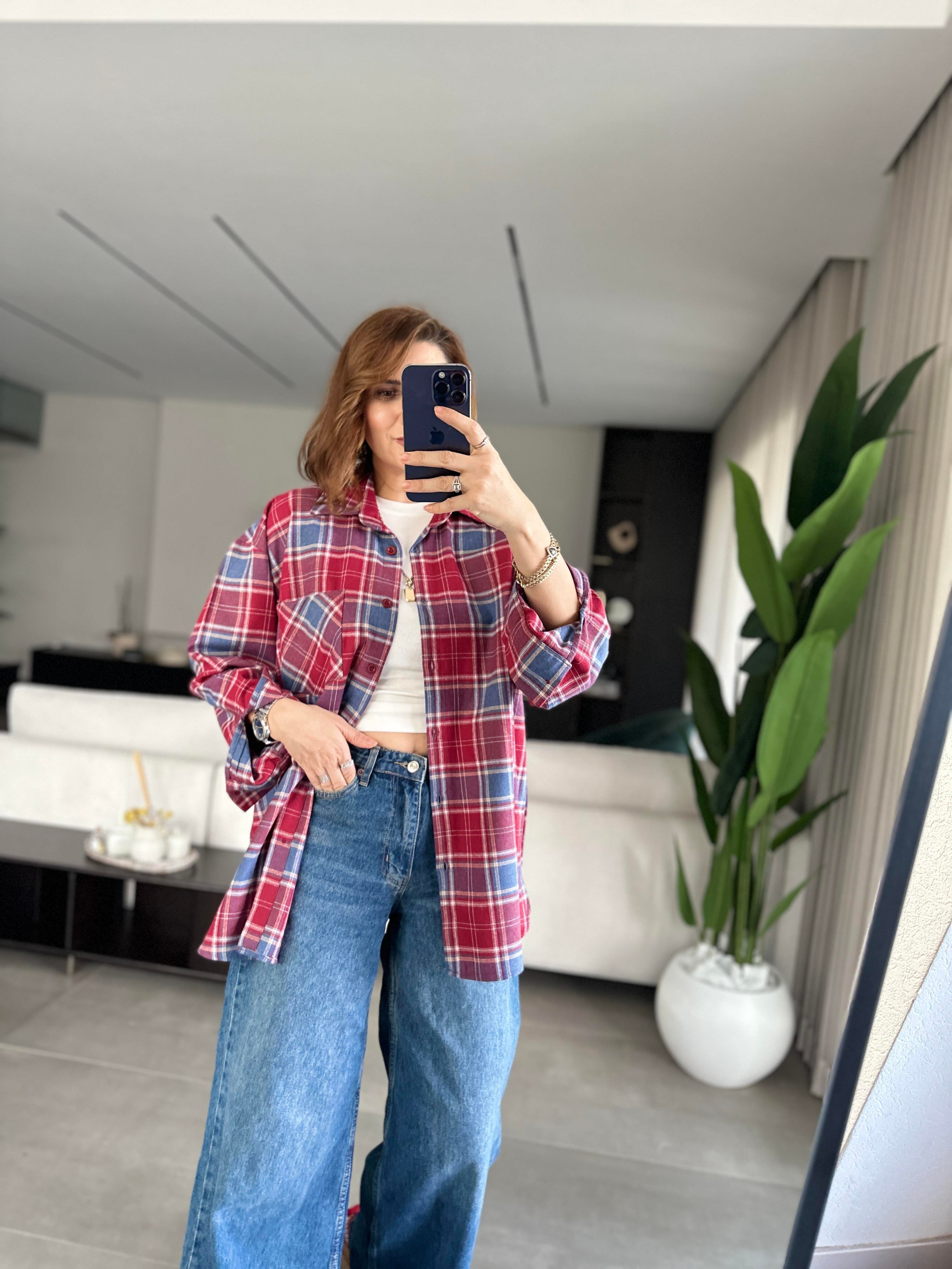 Bordo Oversize Ekoseli Gömlek