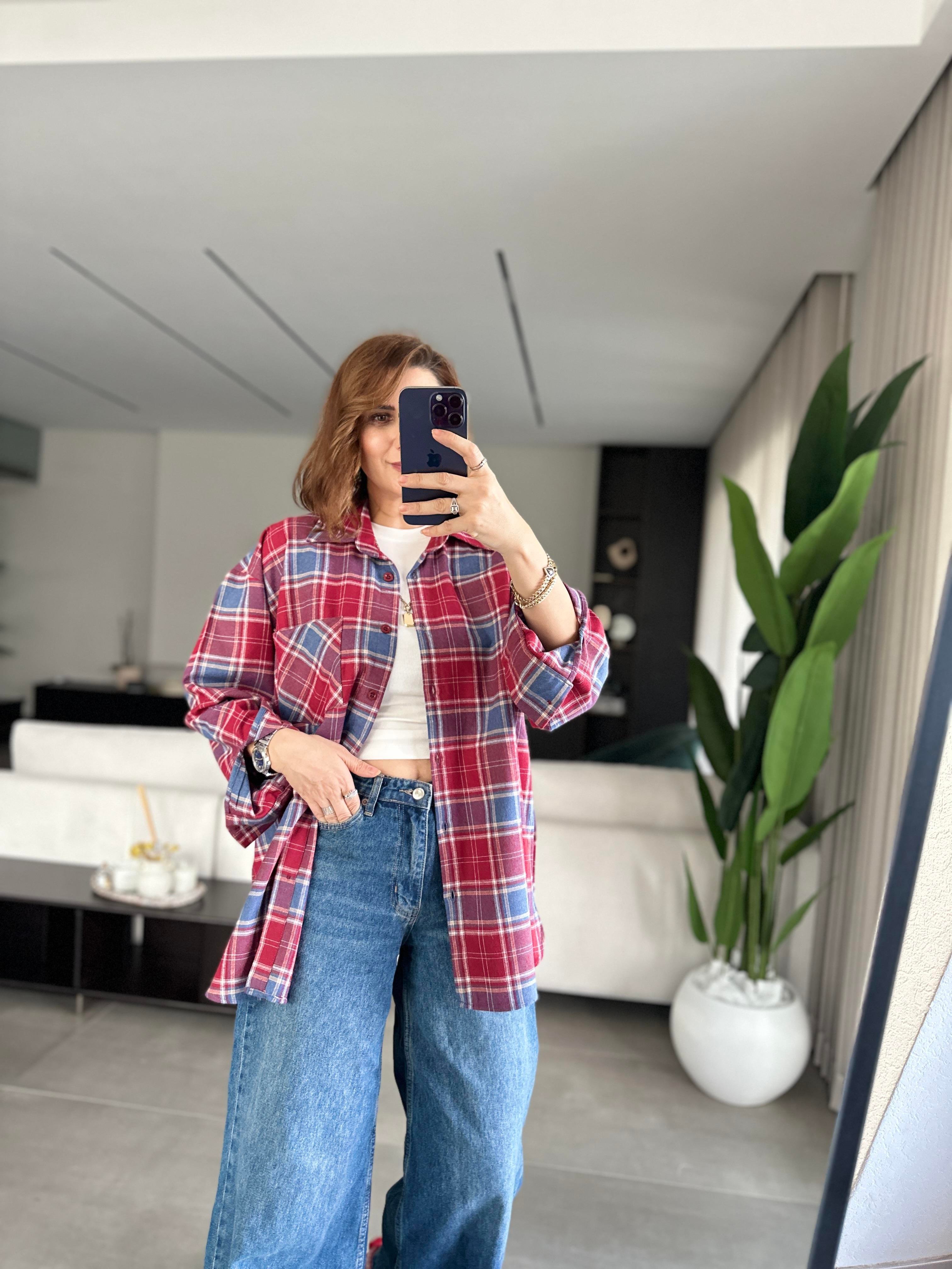 Bordo Oversize Ekoseli Gömlek