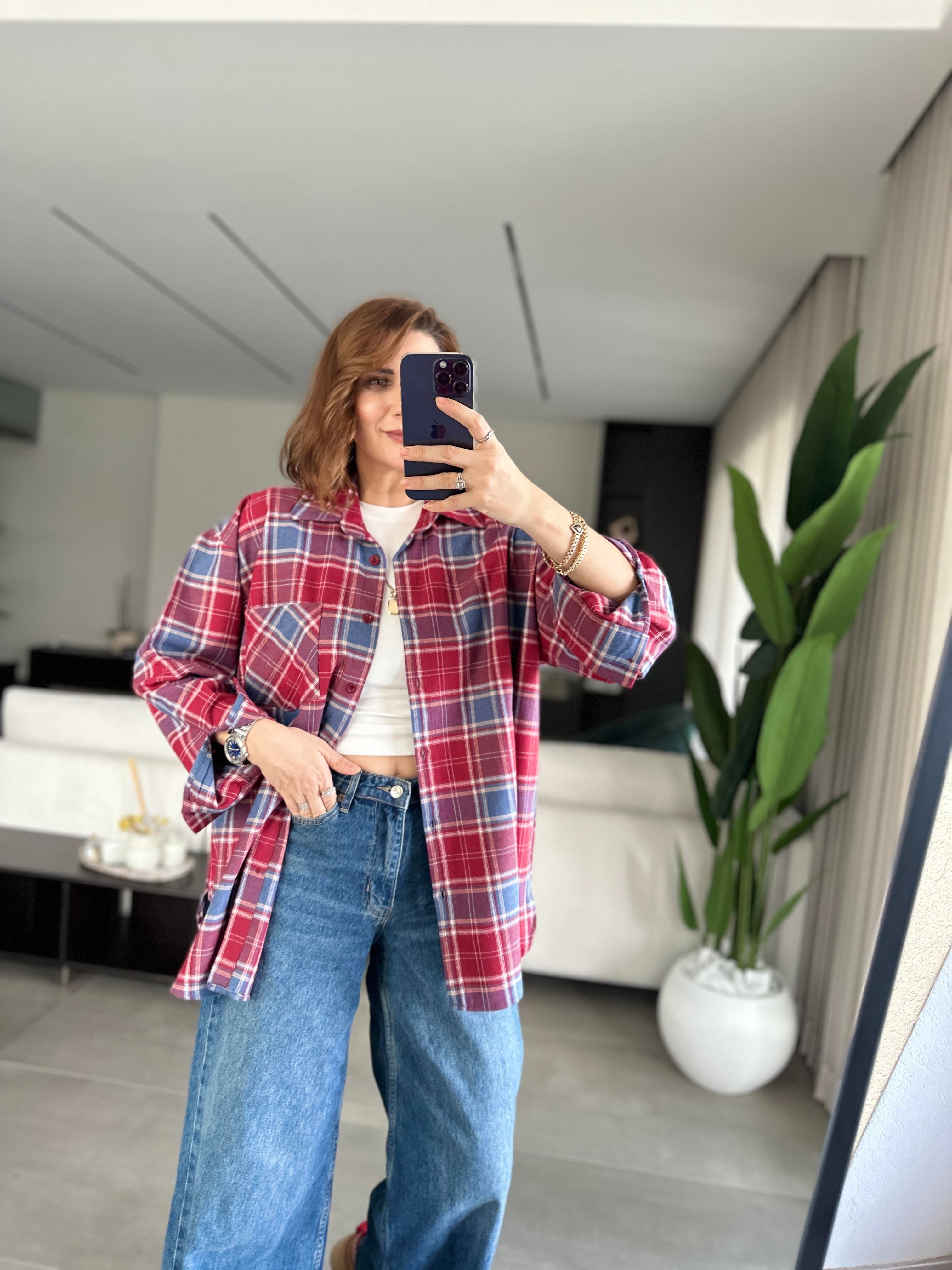 Bordo Oversize Ekoseli Gömlek