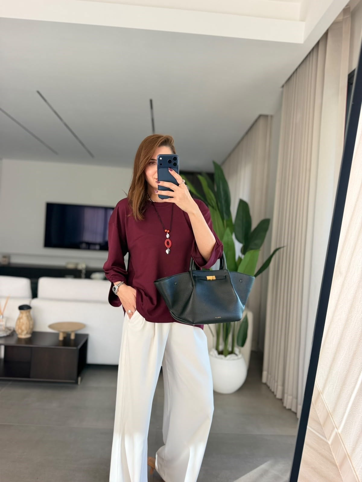 Bordo  Oys Büyük Beden Kolyeli Bluz