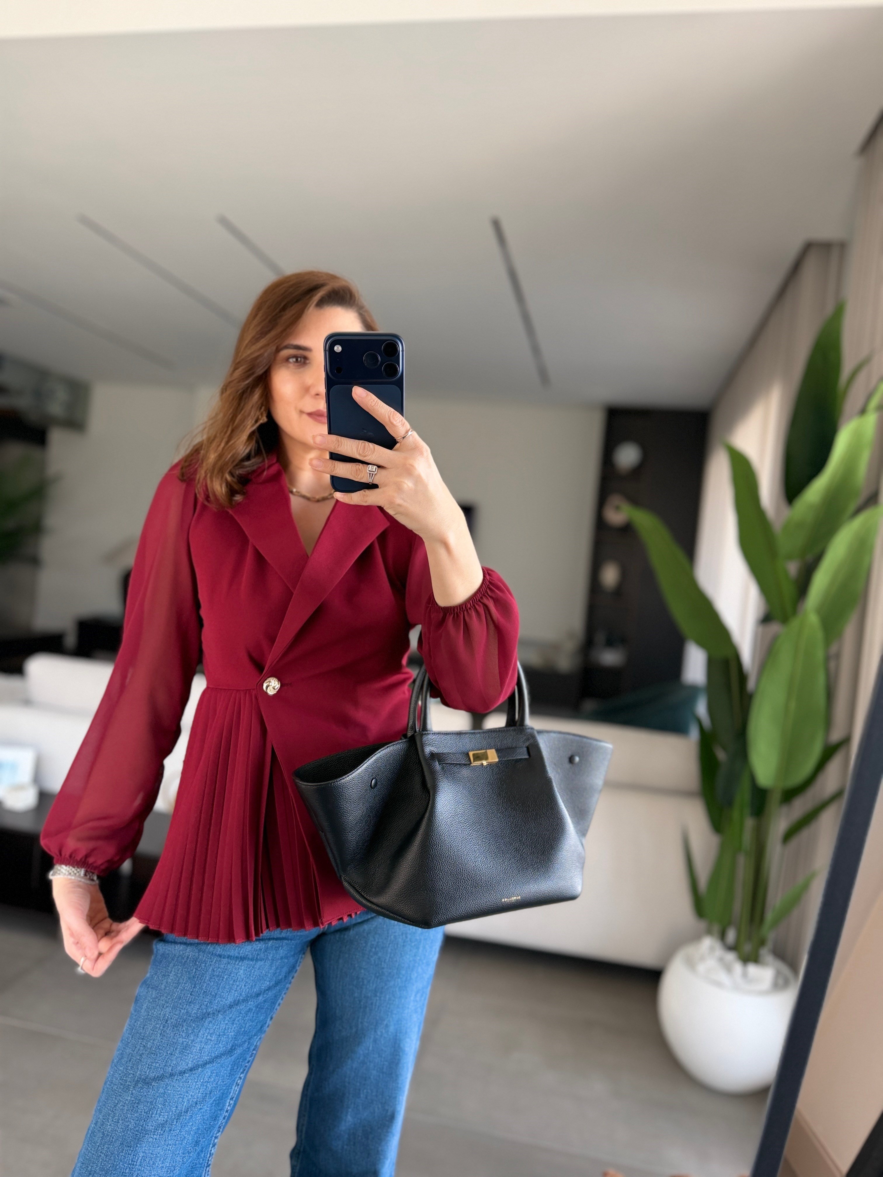 Bordo Pilise Detaylı Şifon Kol Ceket
