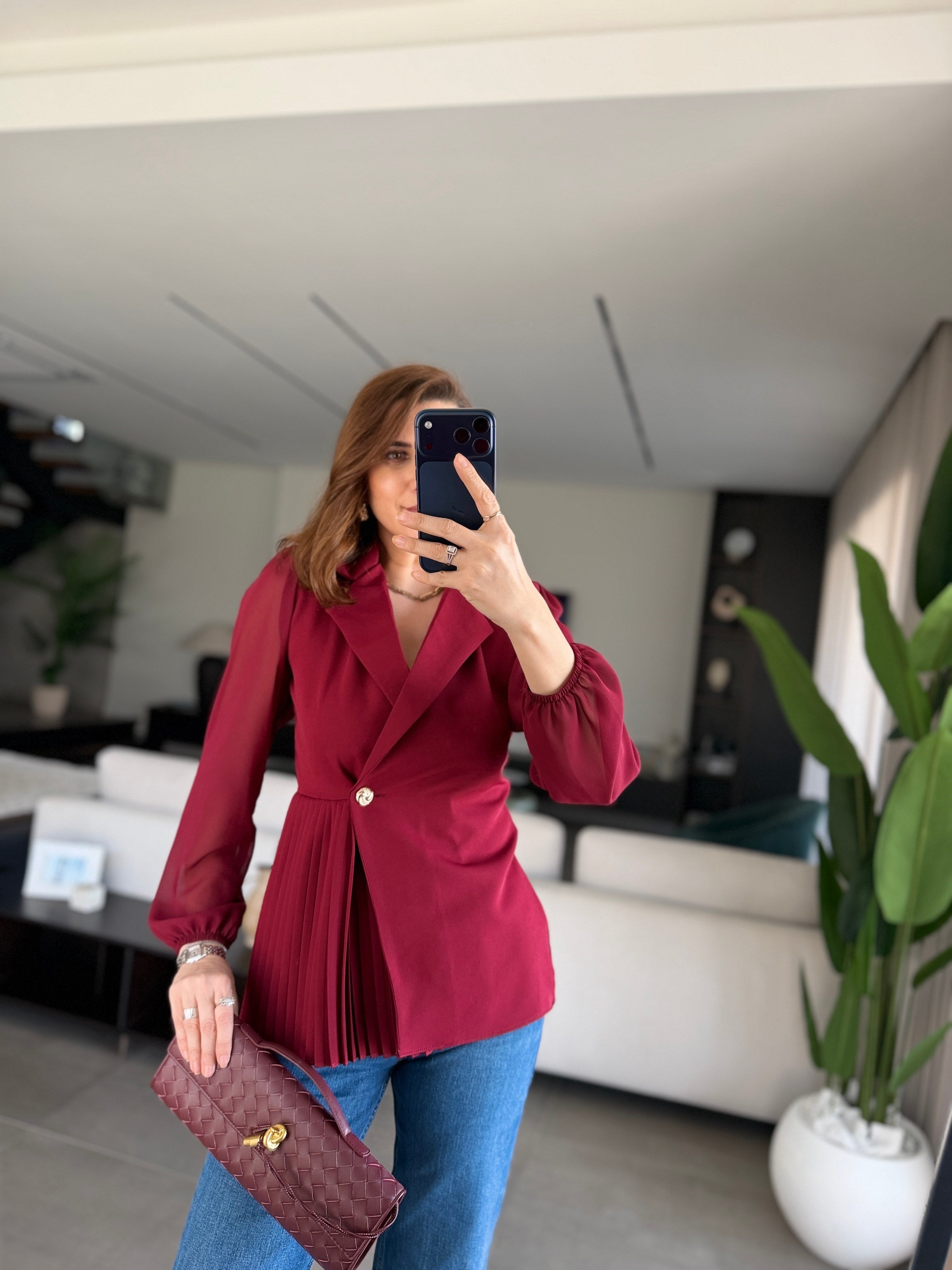 Bordo Pilise Detaylı Şifon Kol Ceket