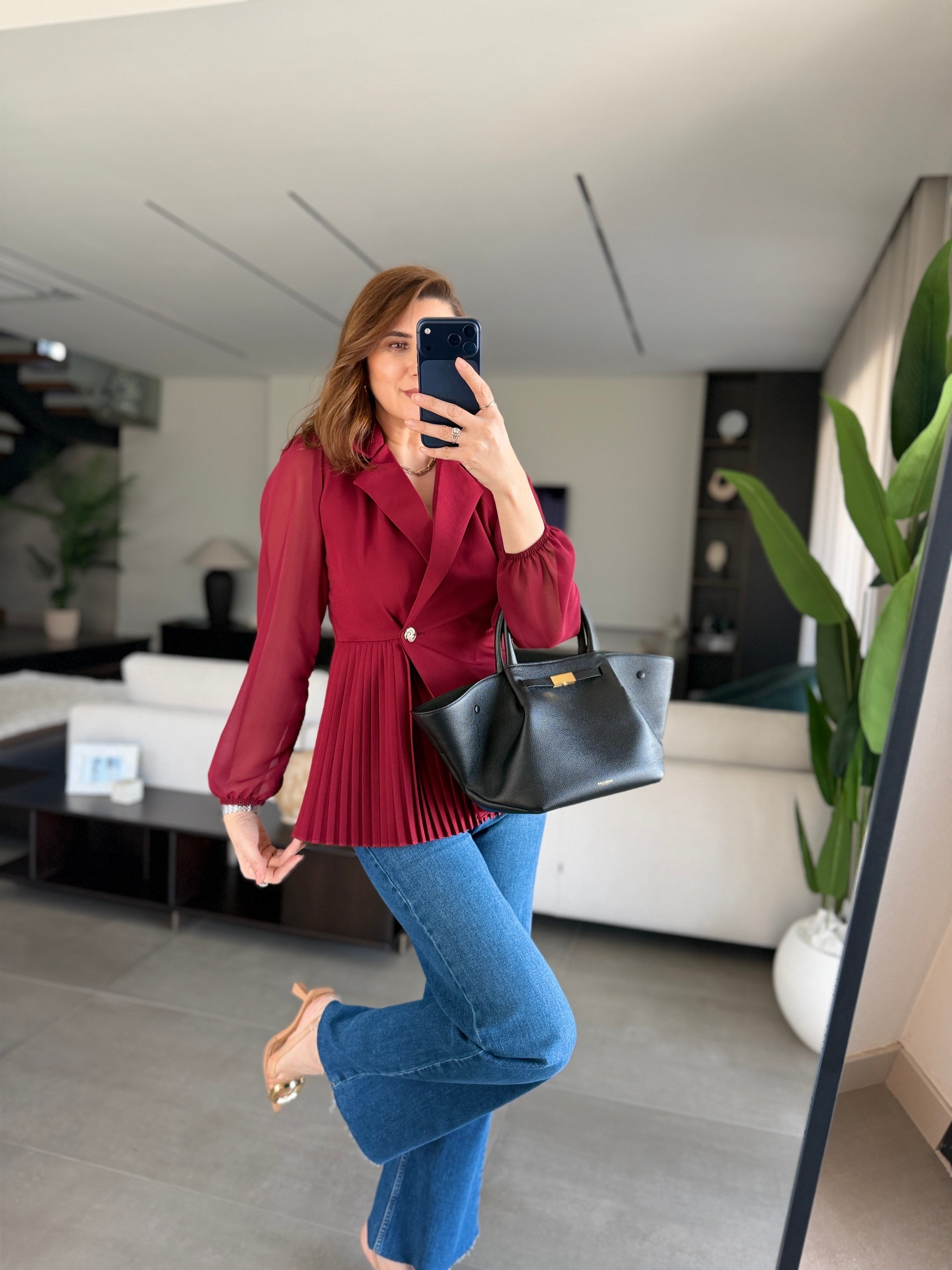 Bordo Pilise Detaylı Şifon Kol Ceket