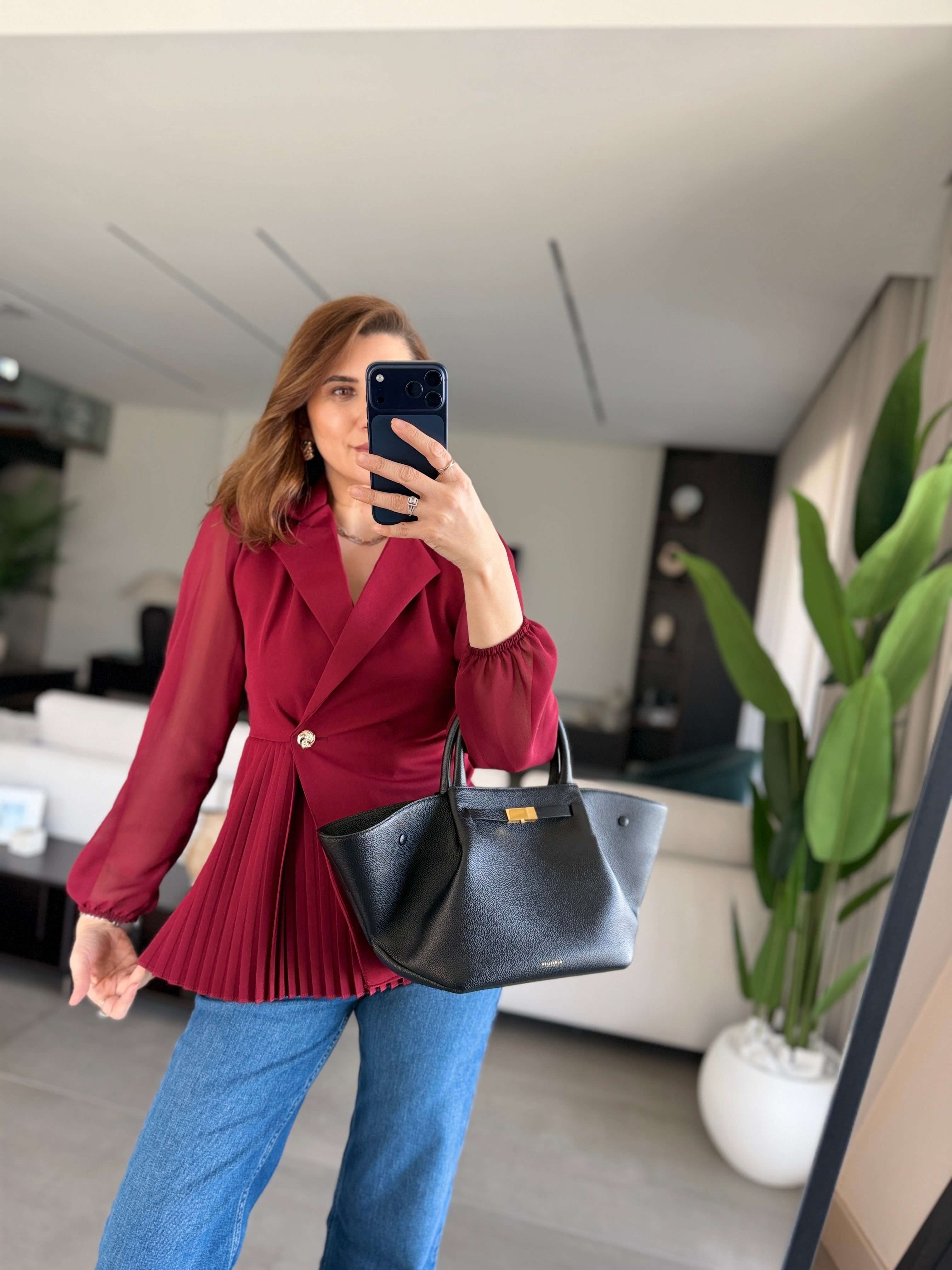 Bordo Pilise Detaylı Şifon Kol Ceket