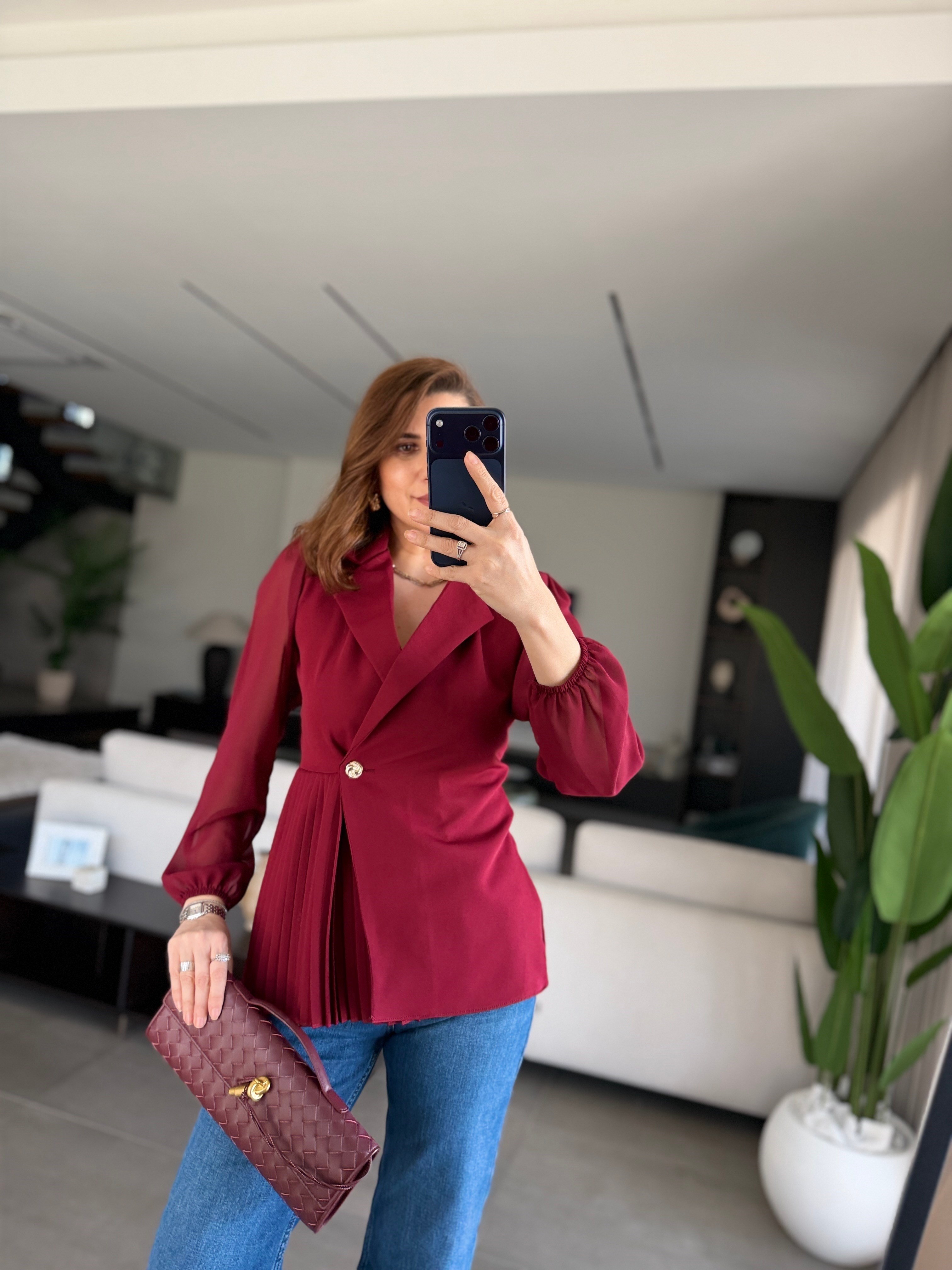 Bordo Pilise Detaylı Şifon Kol Ceket