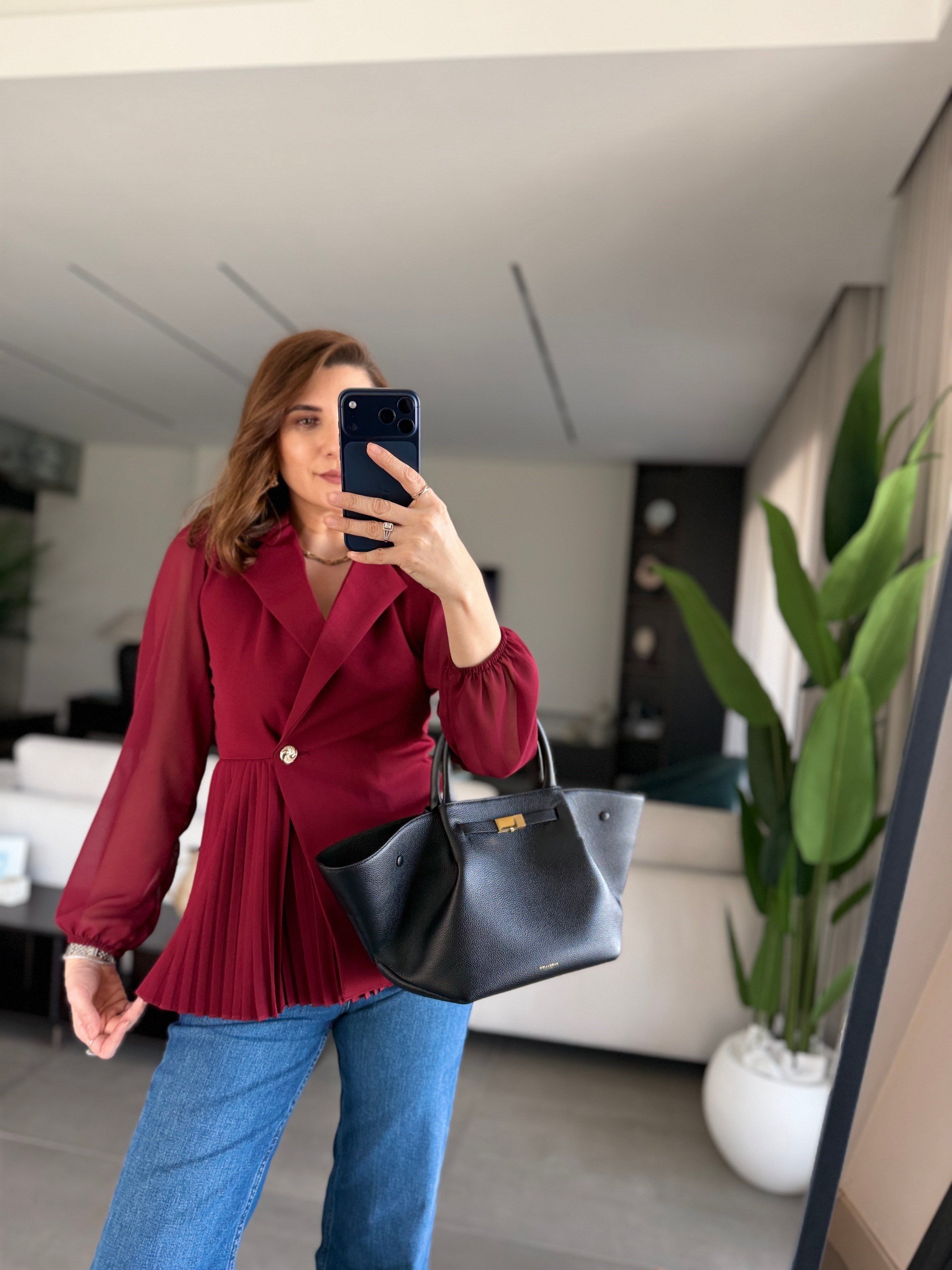 Bordo Pilise Detaylı Şifon Kol Ceket