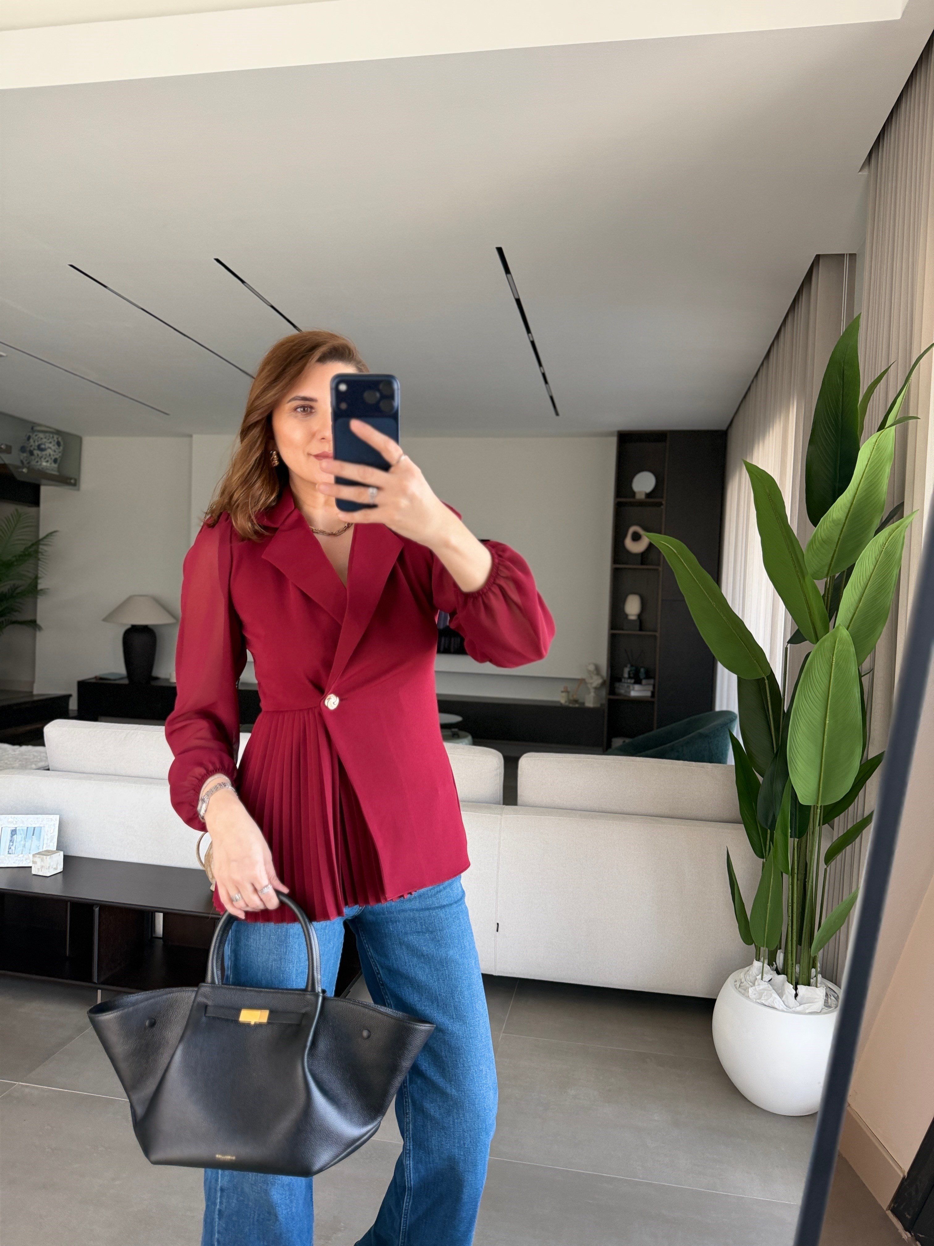 Bordo Pilise Detaylı Şifon Kol Ceket