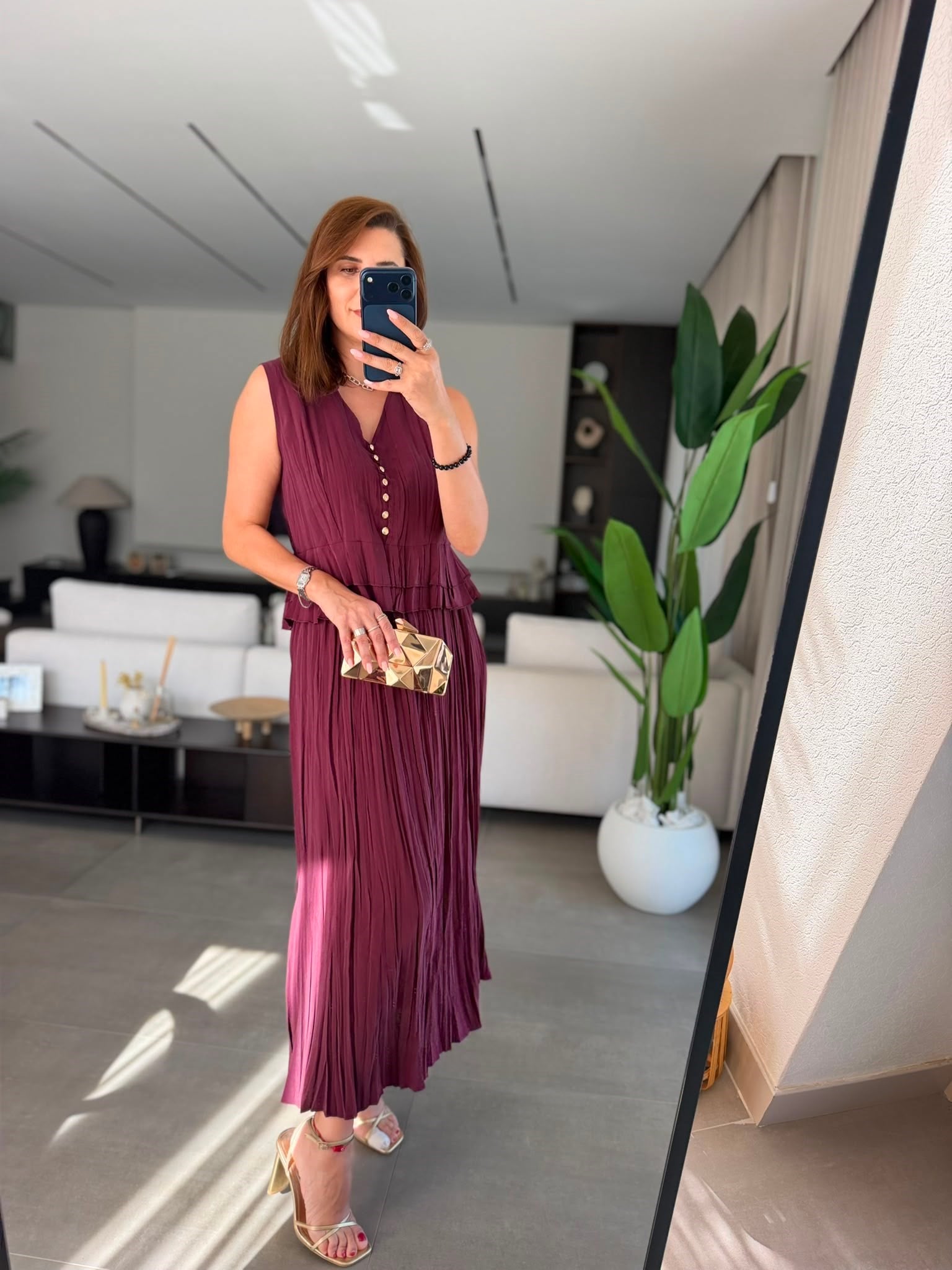 Bordo Piliseli Etek Bluz Takım
