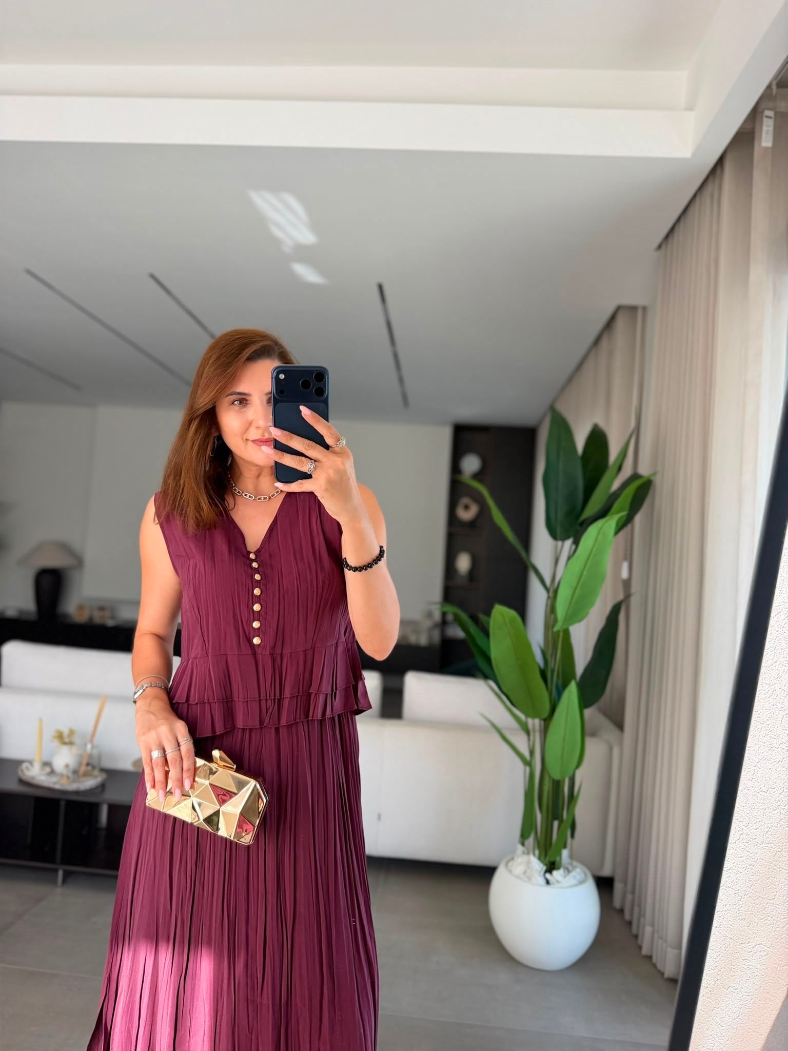 Bordo Piliseli Etek Bluz Takım