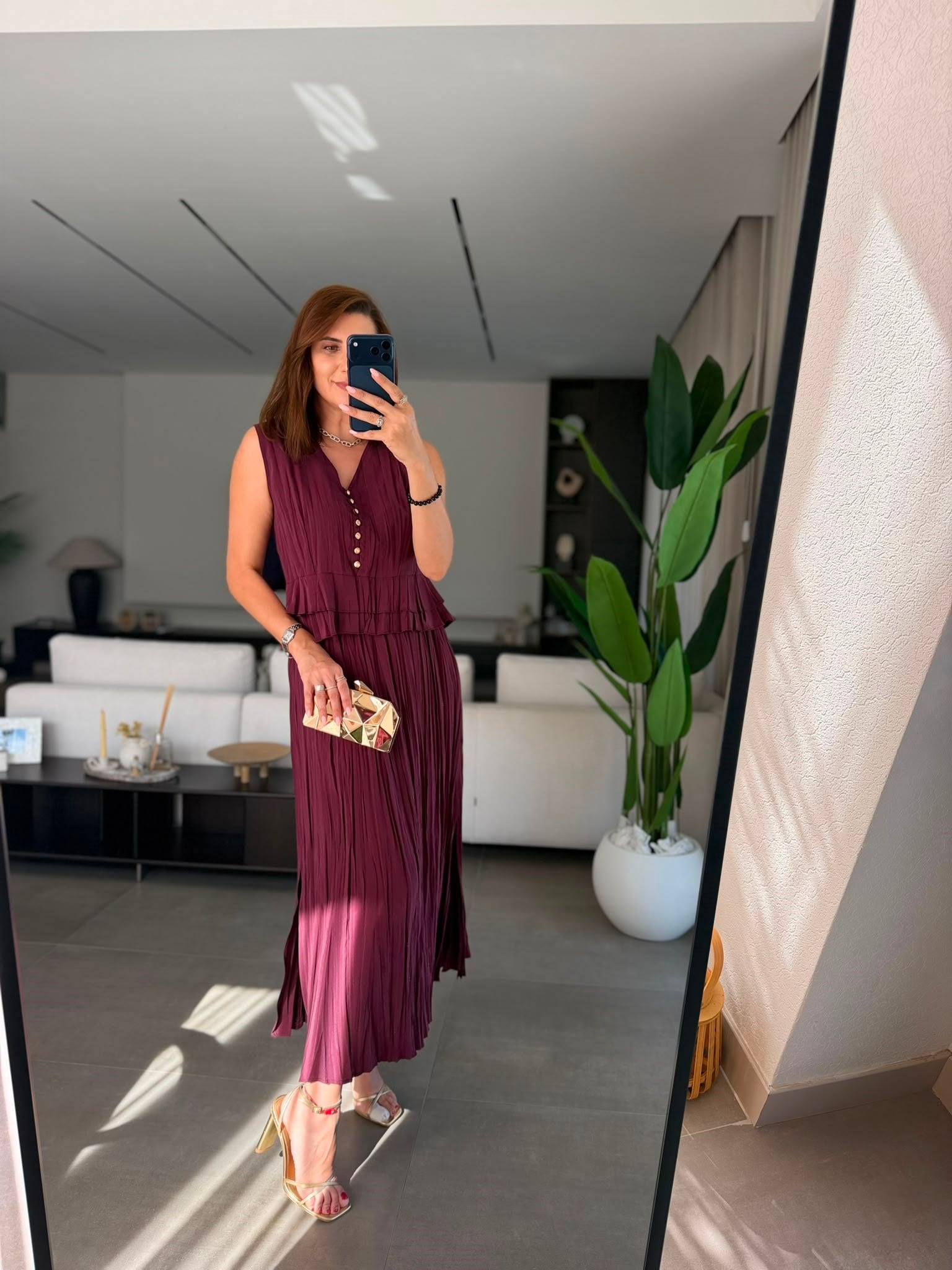 Bordo Piliseli Etek Bluz Takım