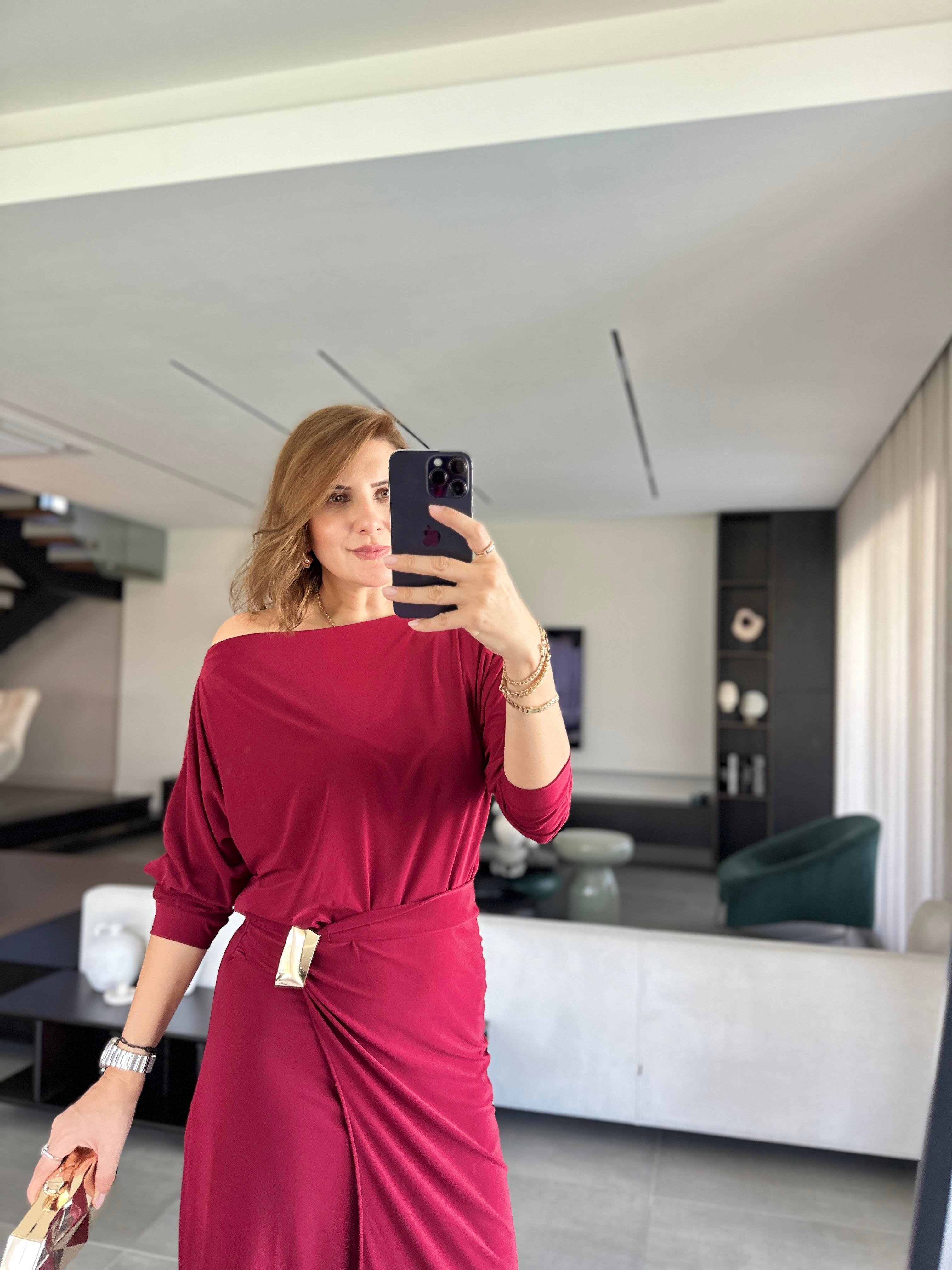 Bordo Sandy Tokalı Elbise