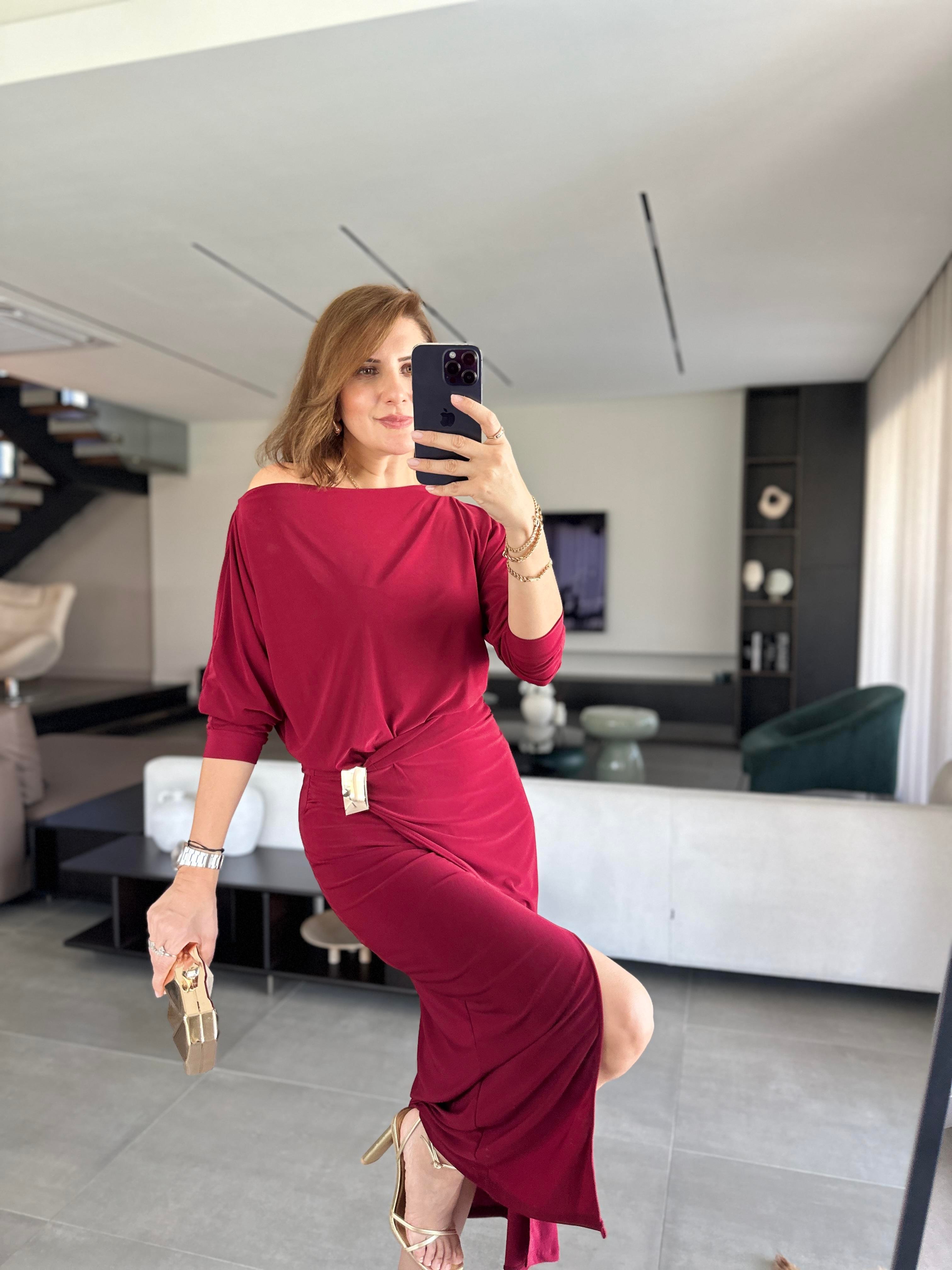 Bordo Sandy Tokalı Elbise