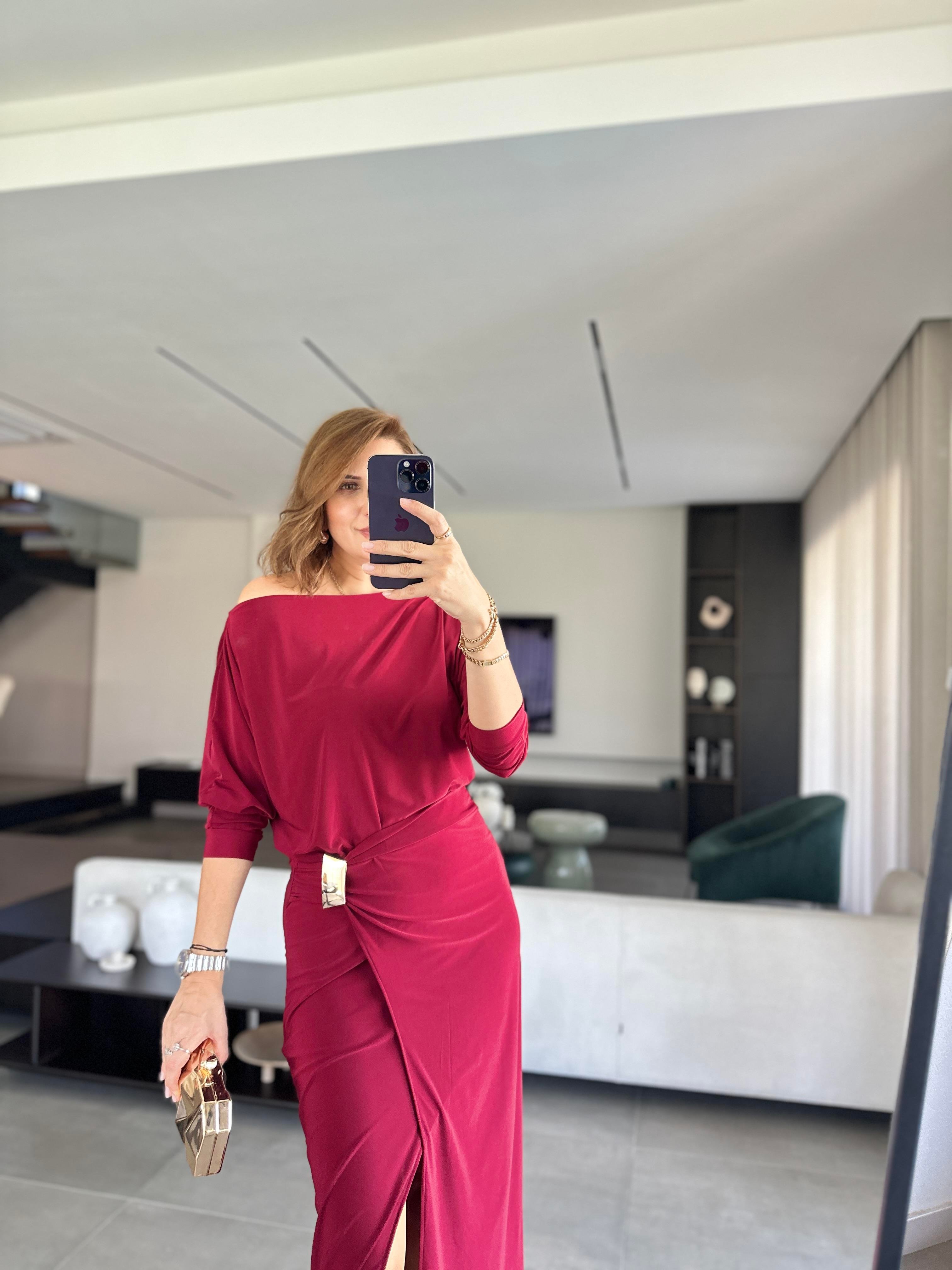 Bordo Sandy Tokalı Elbise