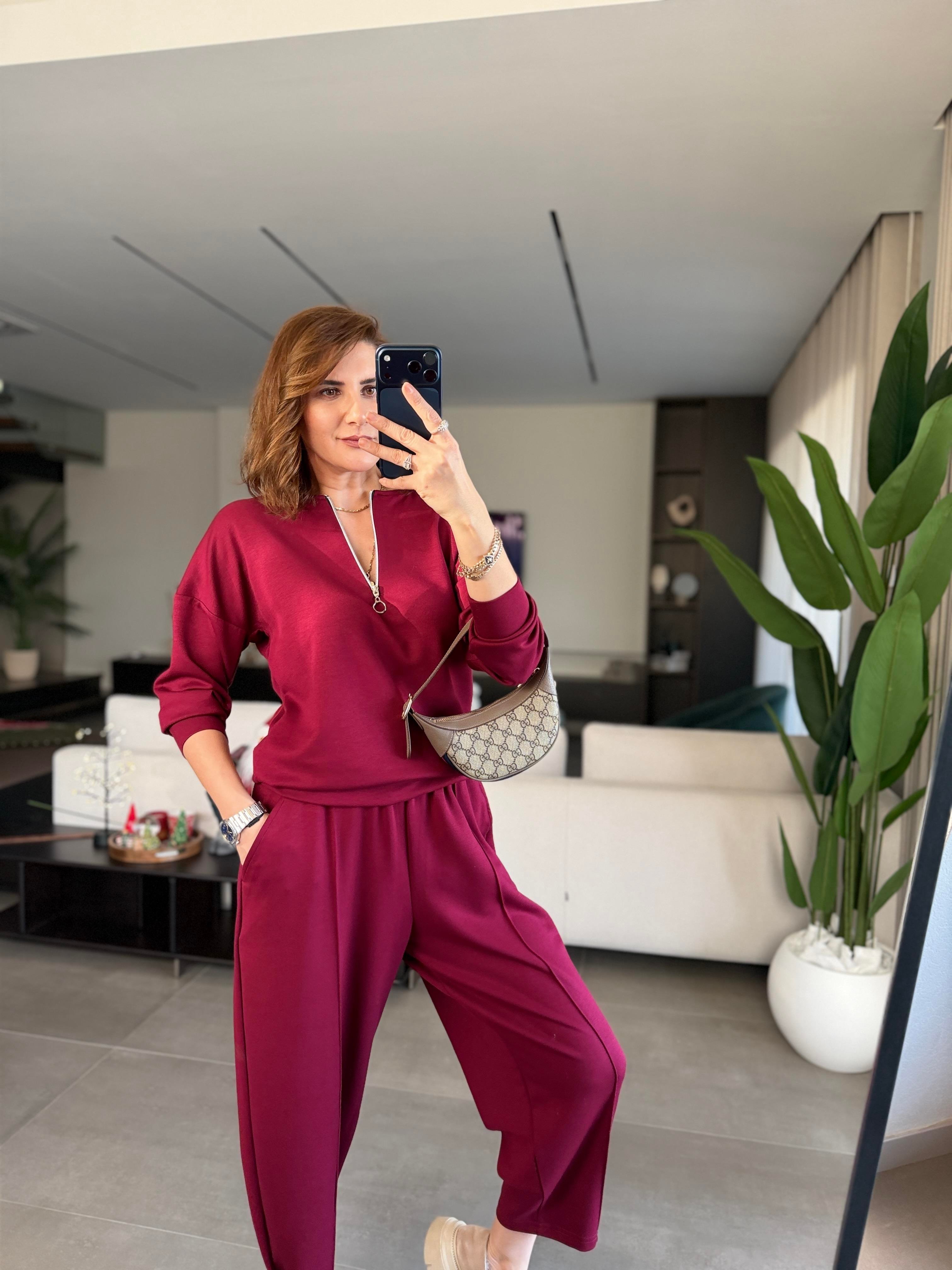 Bordo Santana Yarım Fermuarlı Takım