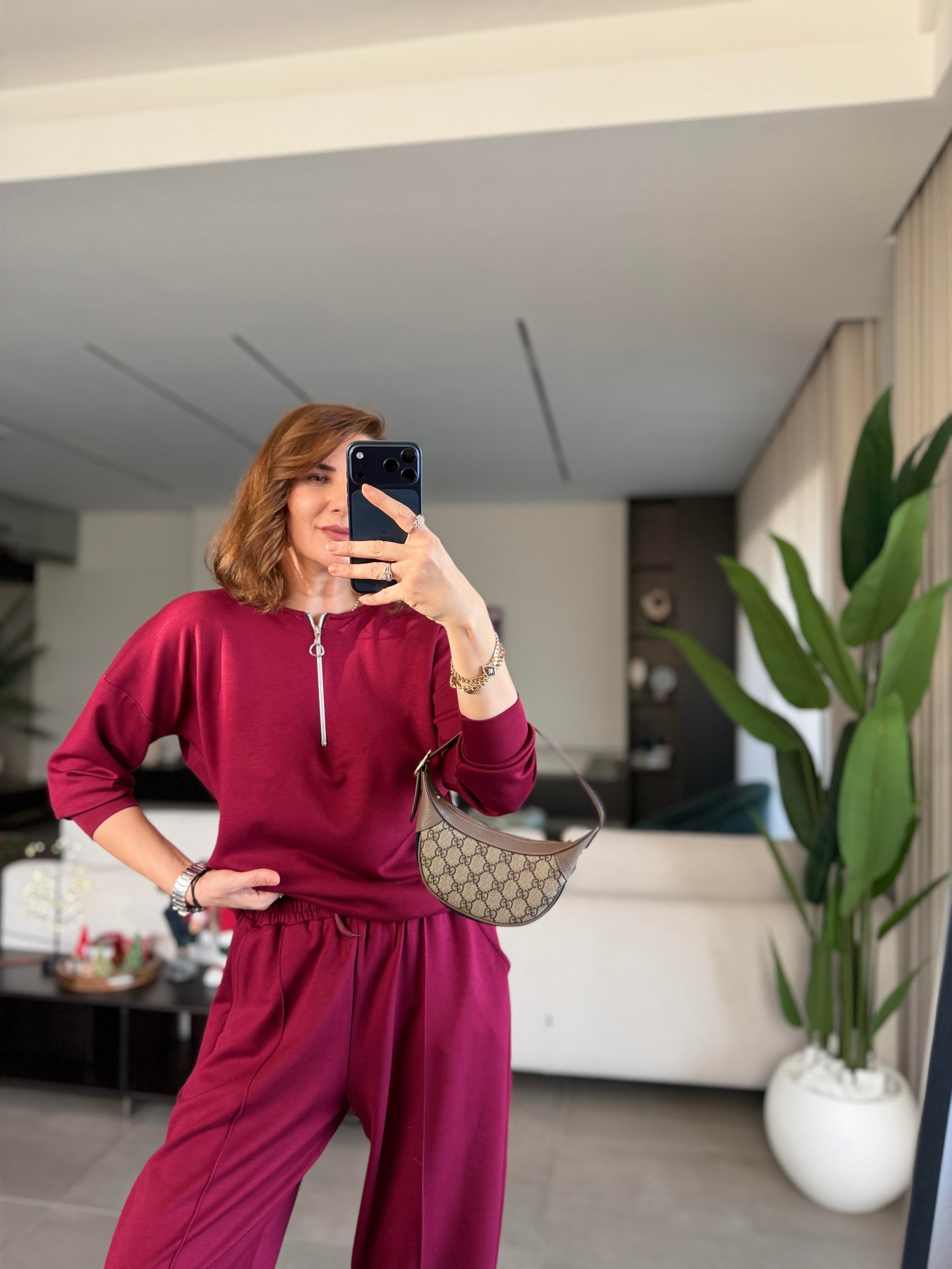 Bordo Santana Yarım Fermuarlı Takım