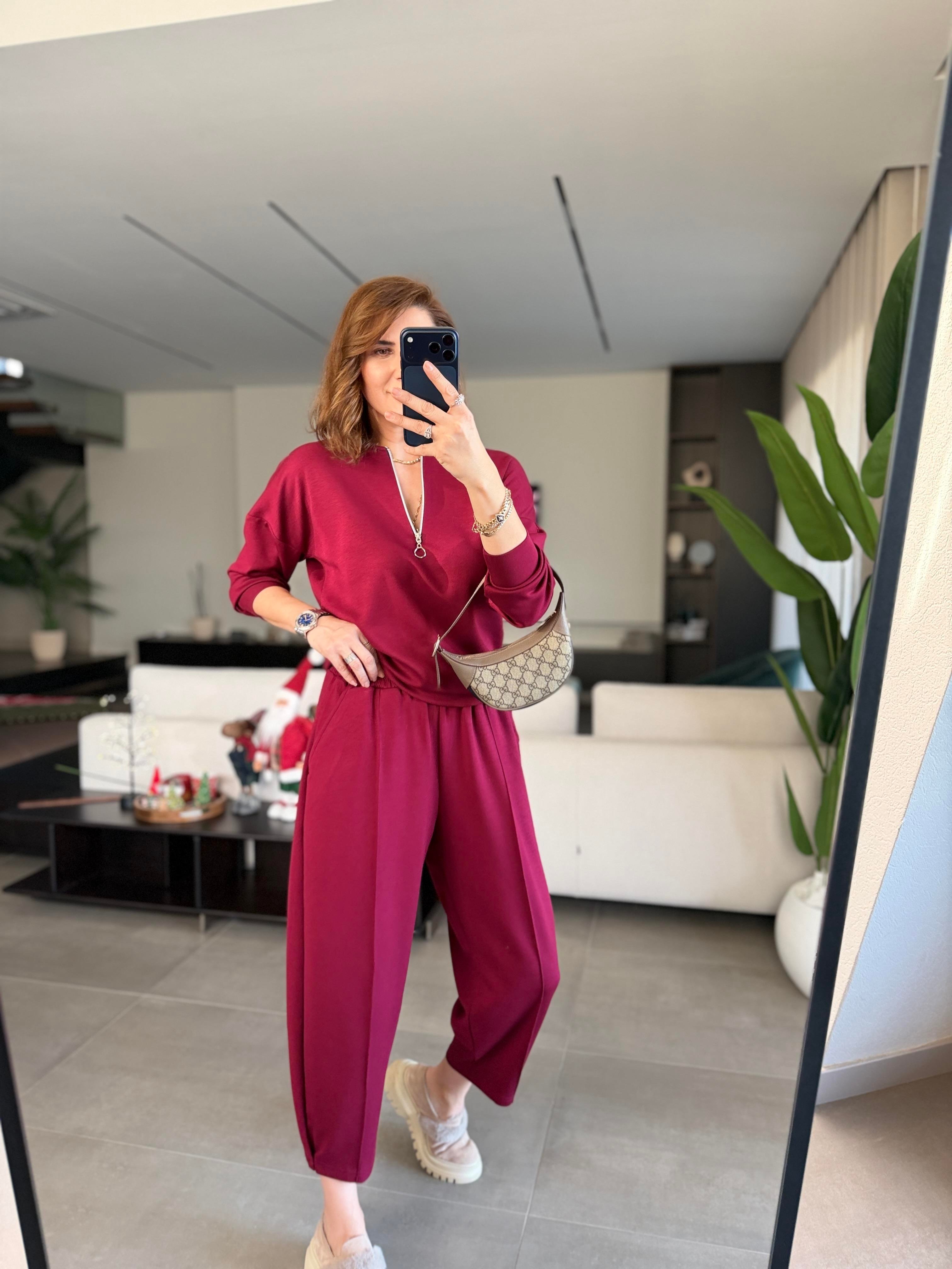 Bordo Santana Yarım Fermuarlı Takım