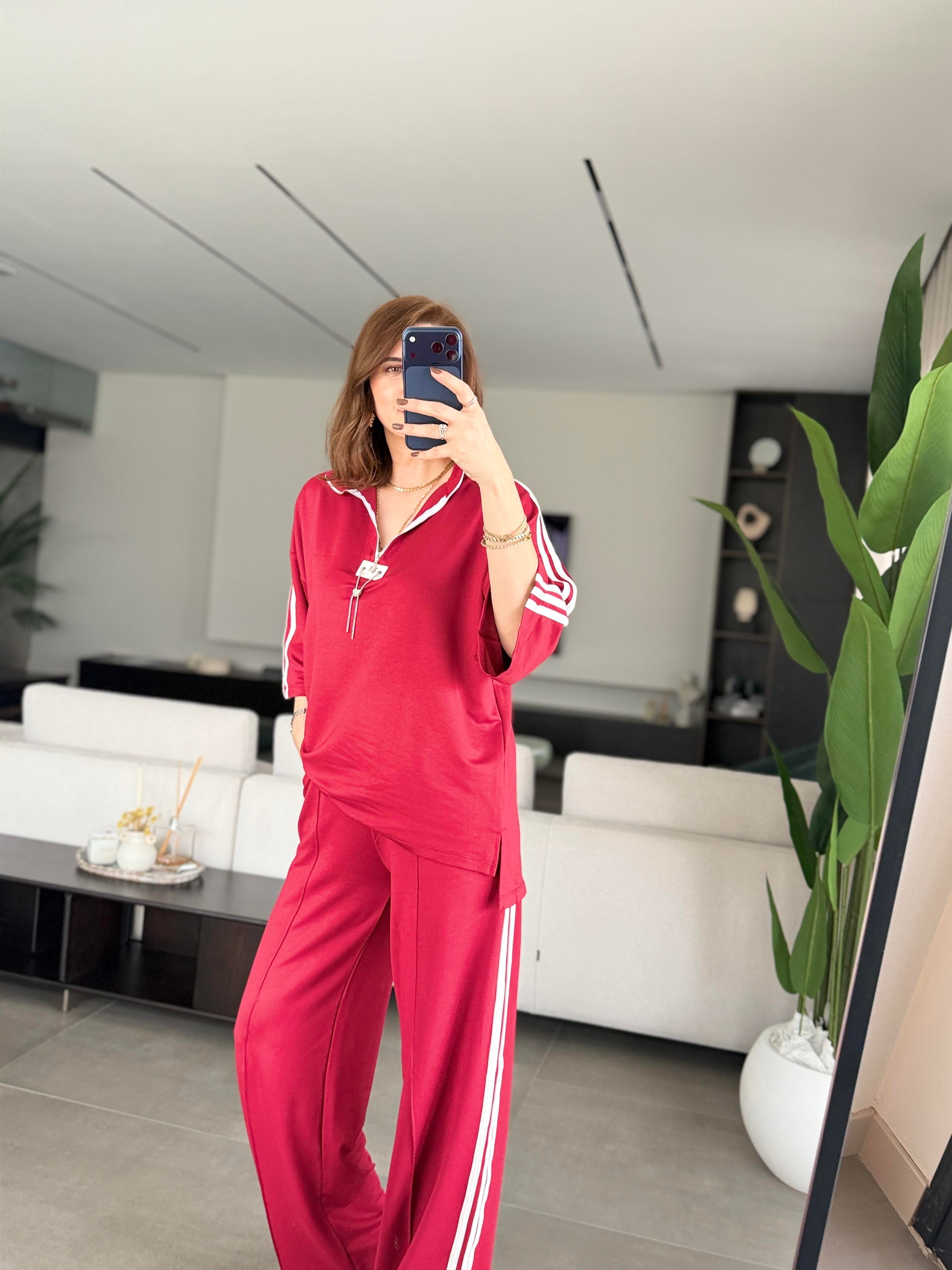 Bordo Şeritli Armalı Takım