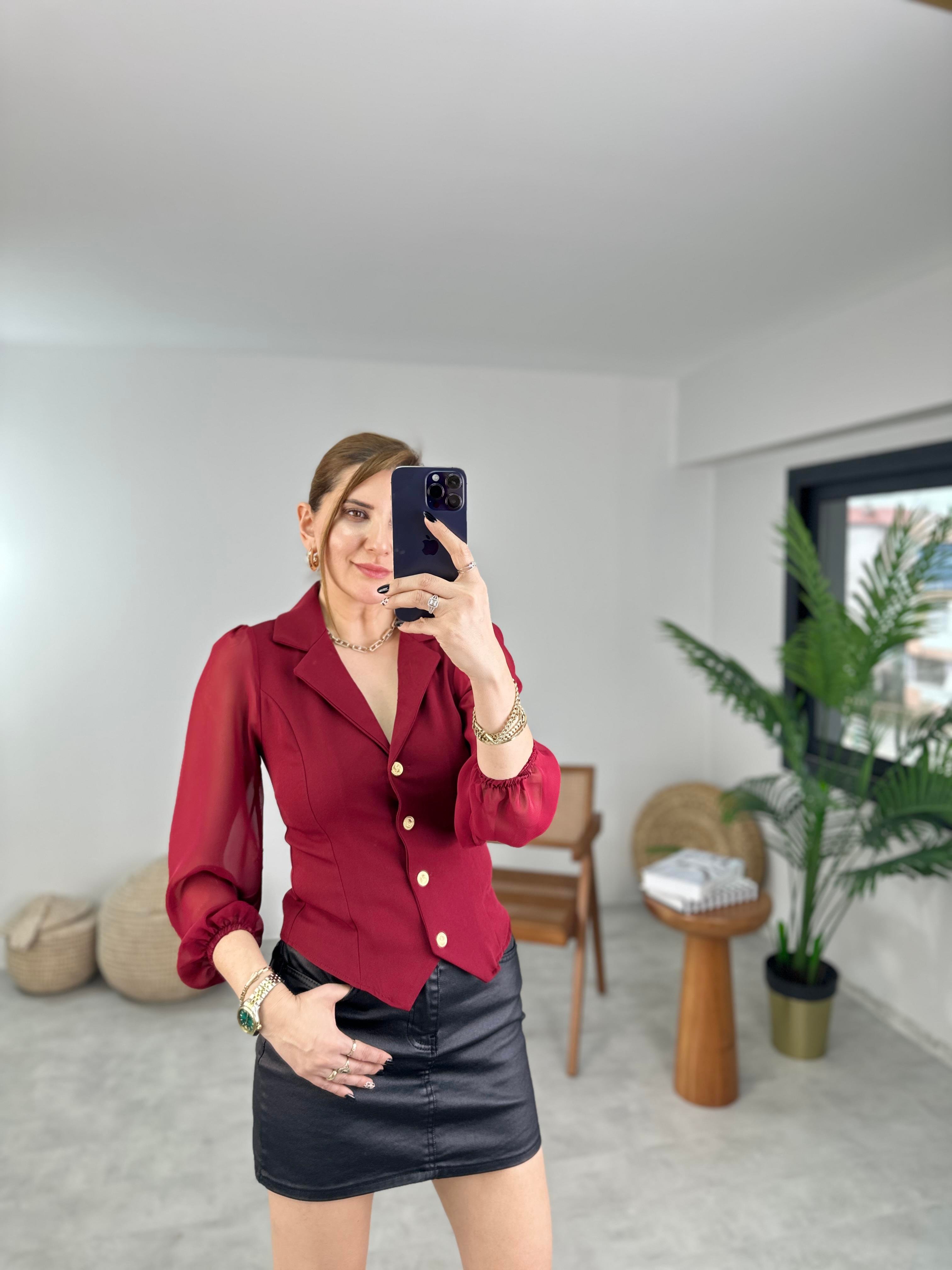 Bordo Şifon Garnili Hürrem Bluz