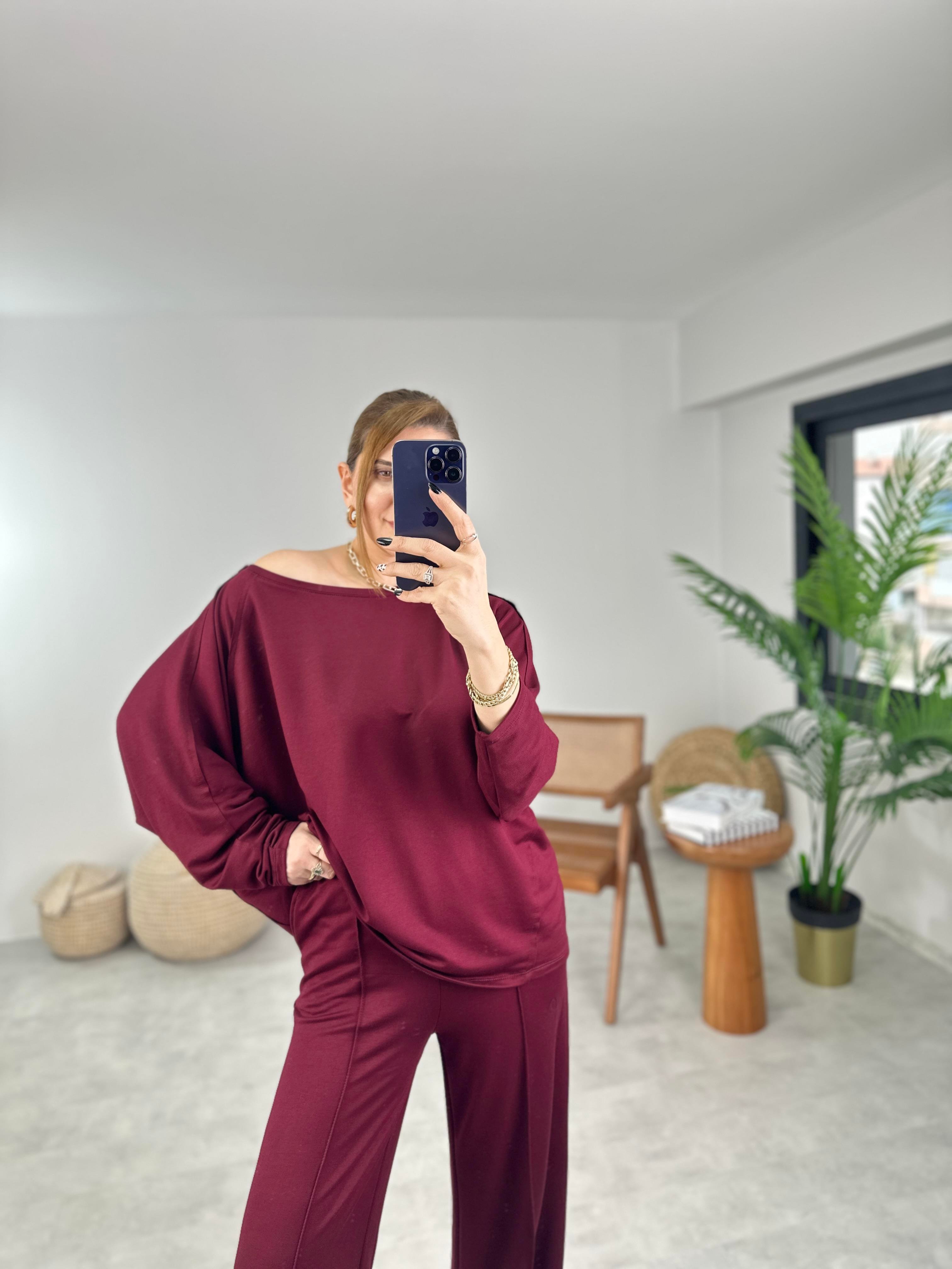 Bordo Ters Dikiş Detaylı Modal Takım