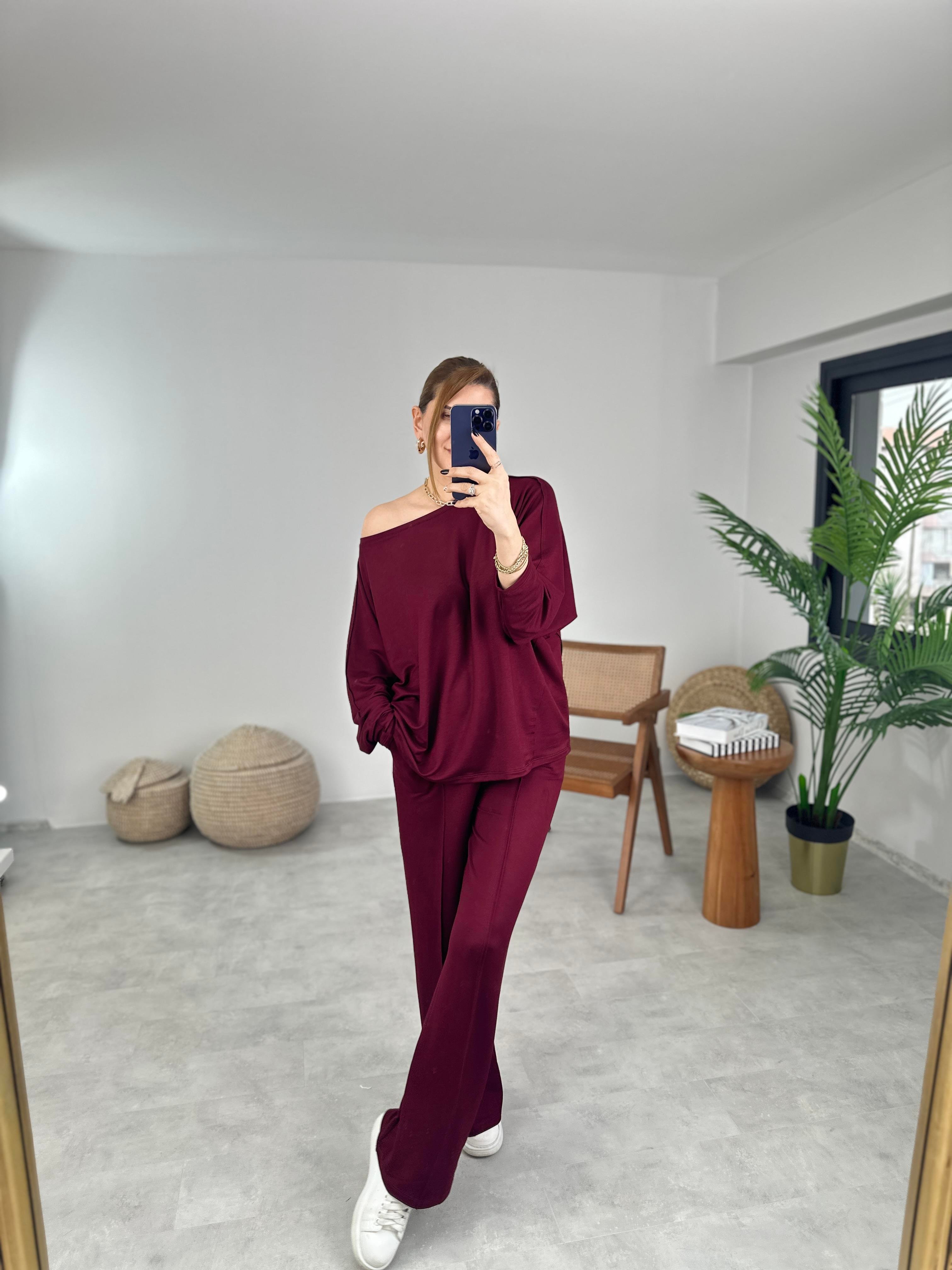 Bordo Ters Dikiş Detaylı Modal Takım