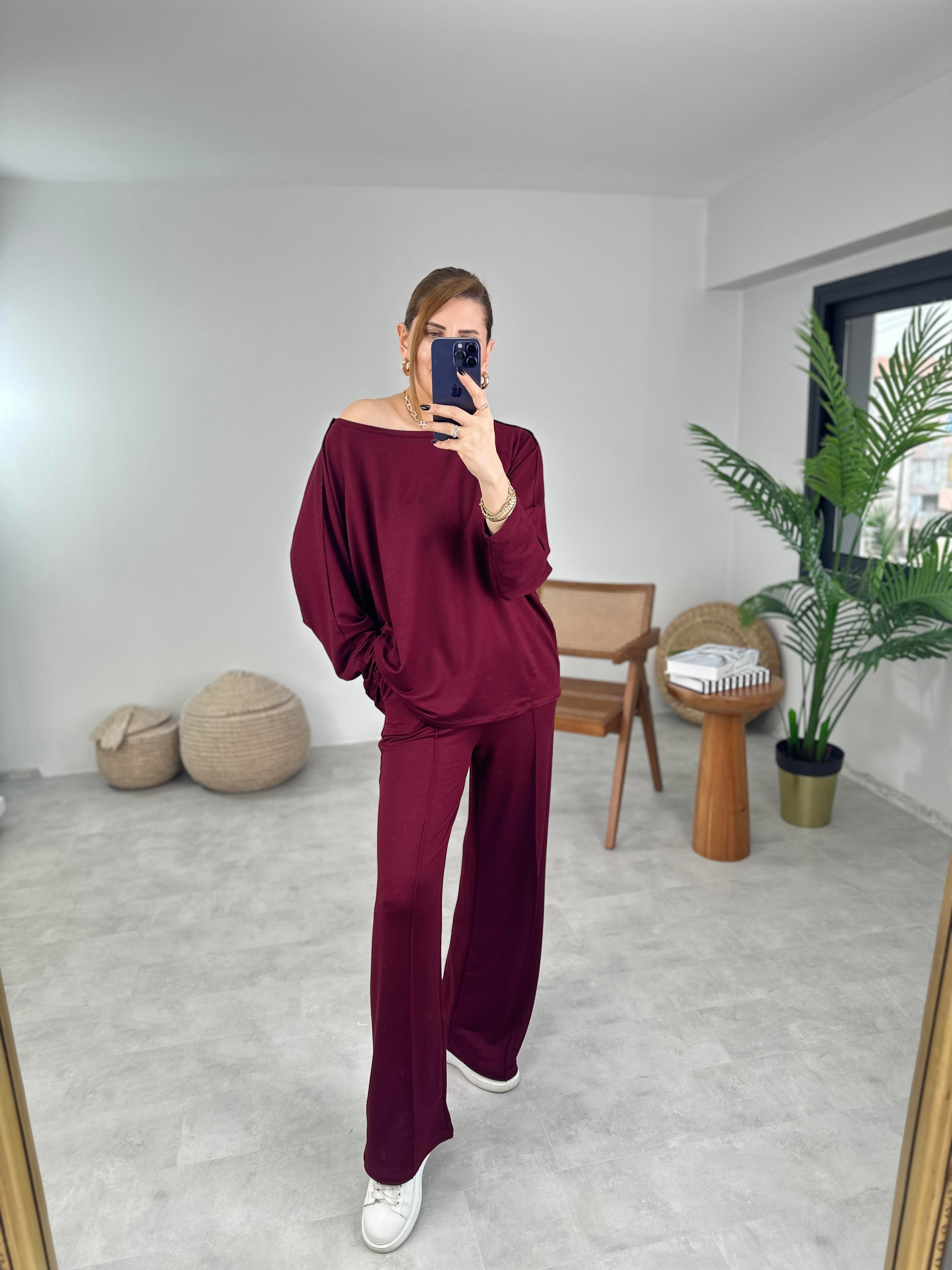 Bordo Ters Dikiş Detaylı Modal Takım