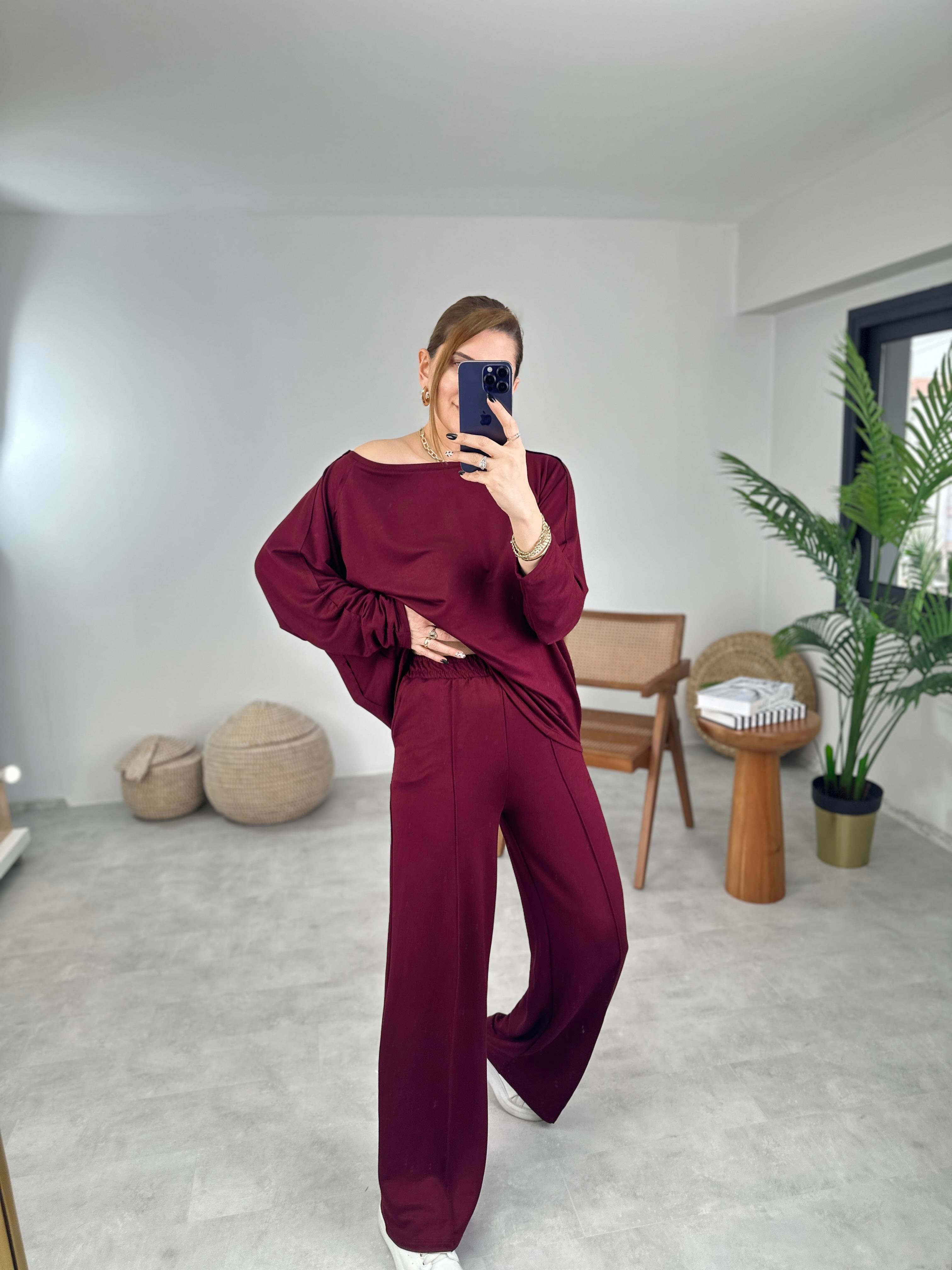 Bordo Ters Dikiş Detaylı Modal Takım