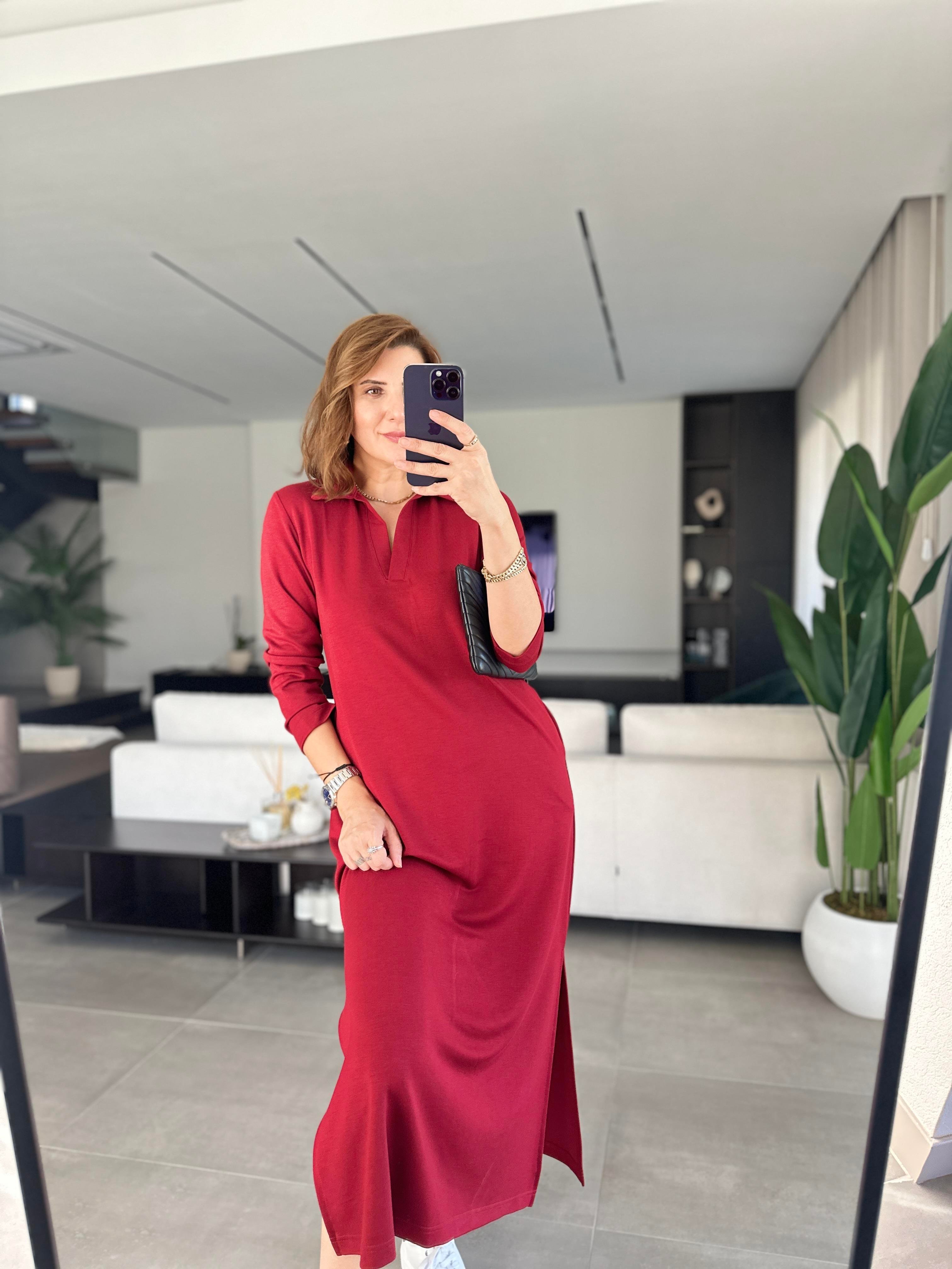 Bordo Uzun Kol Oys Elbise