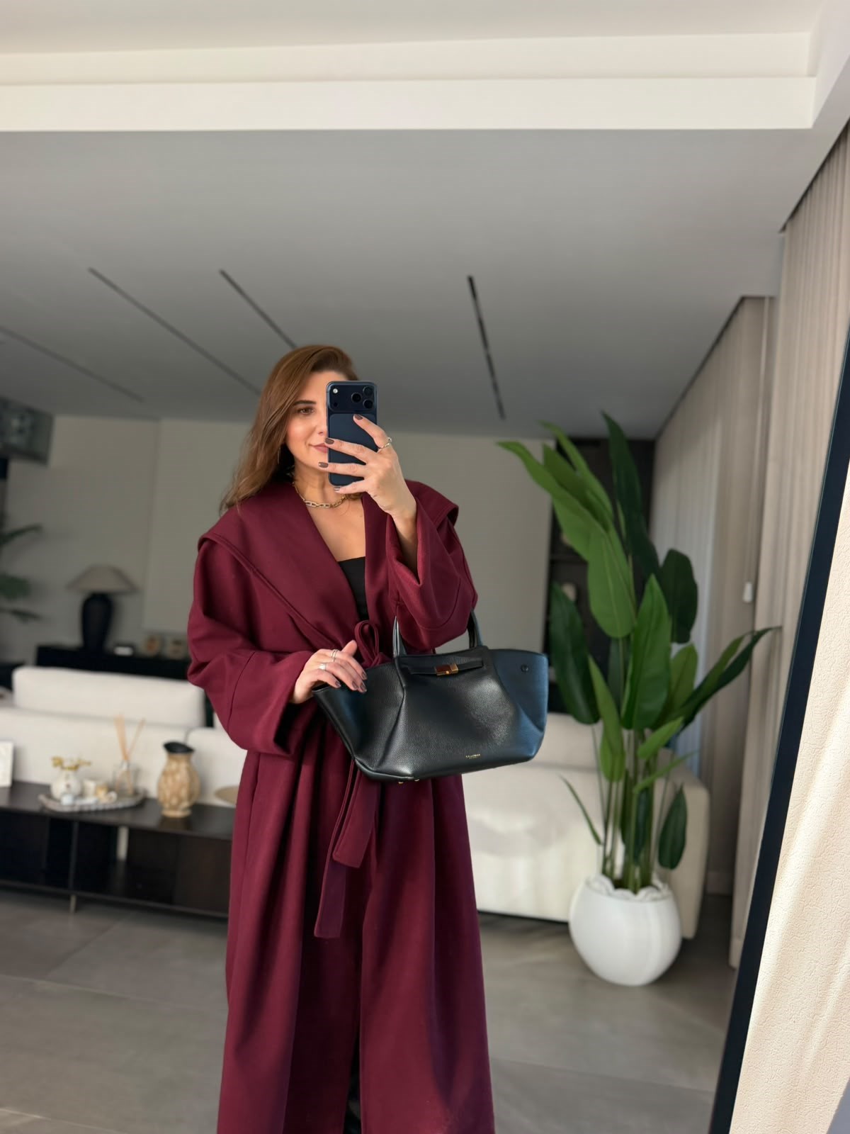 Bordo Uzun Kuşaklı Kaşe Kaban