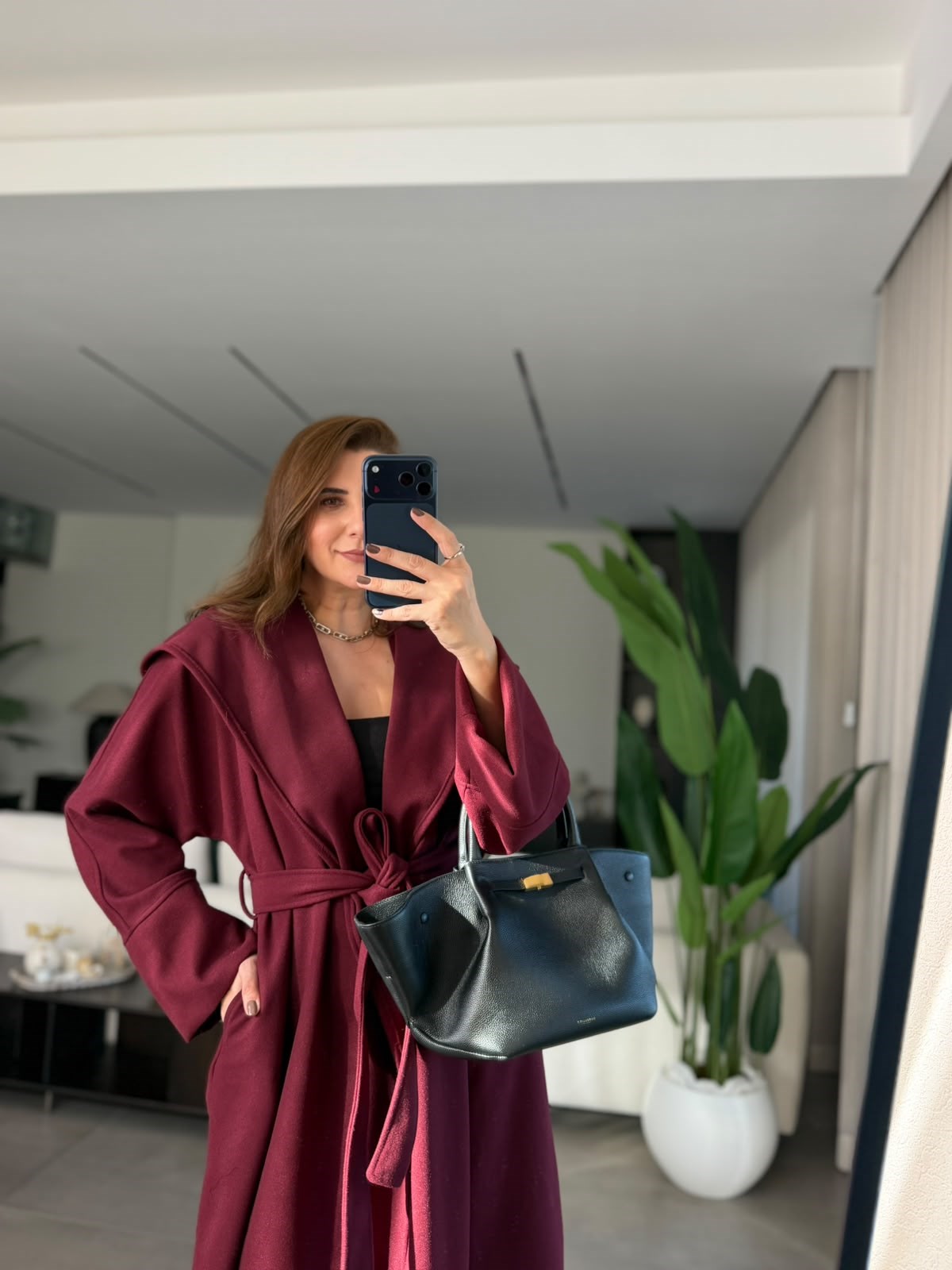 Bordo Uzun Kuşaklı Kaşe Kaban