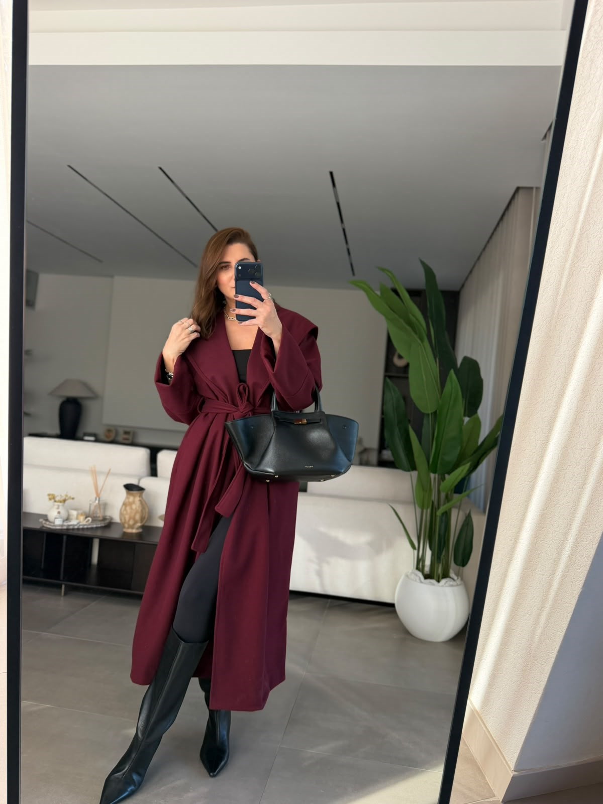 Bordo Uzun Kuşaklı Kaşe Kaban