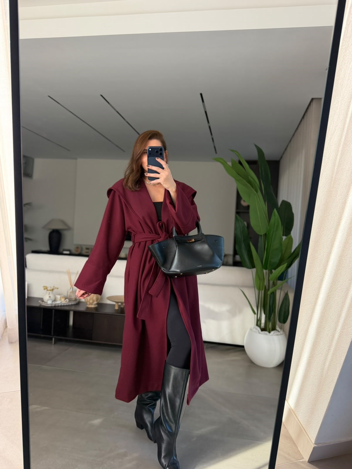 Bordo Uzun Kuşaklı Kaşe Kaban