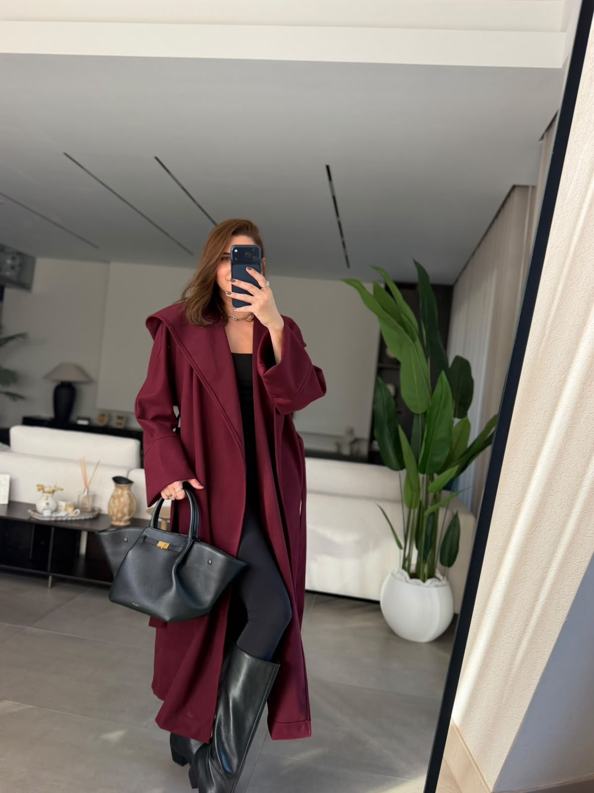 Bordo Uzun Kuşaklı Kaşe Kaban