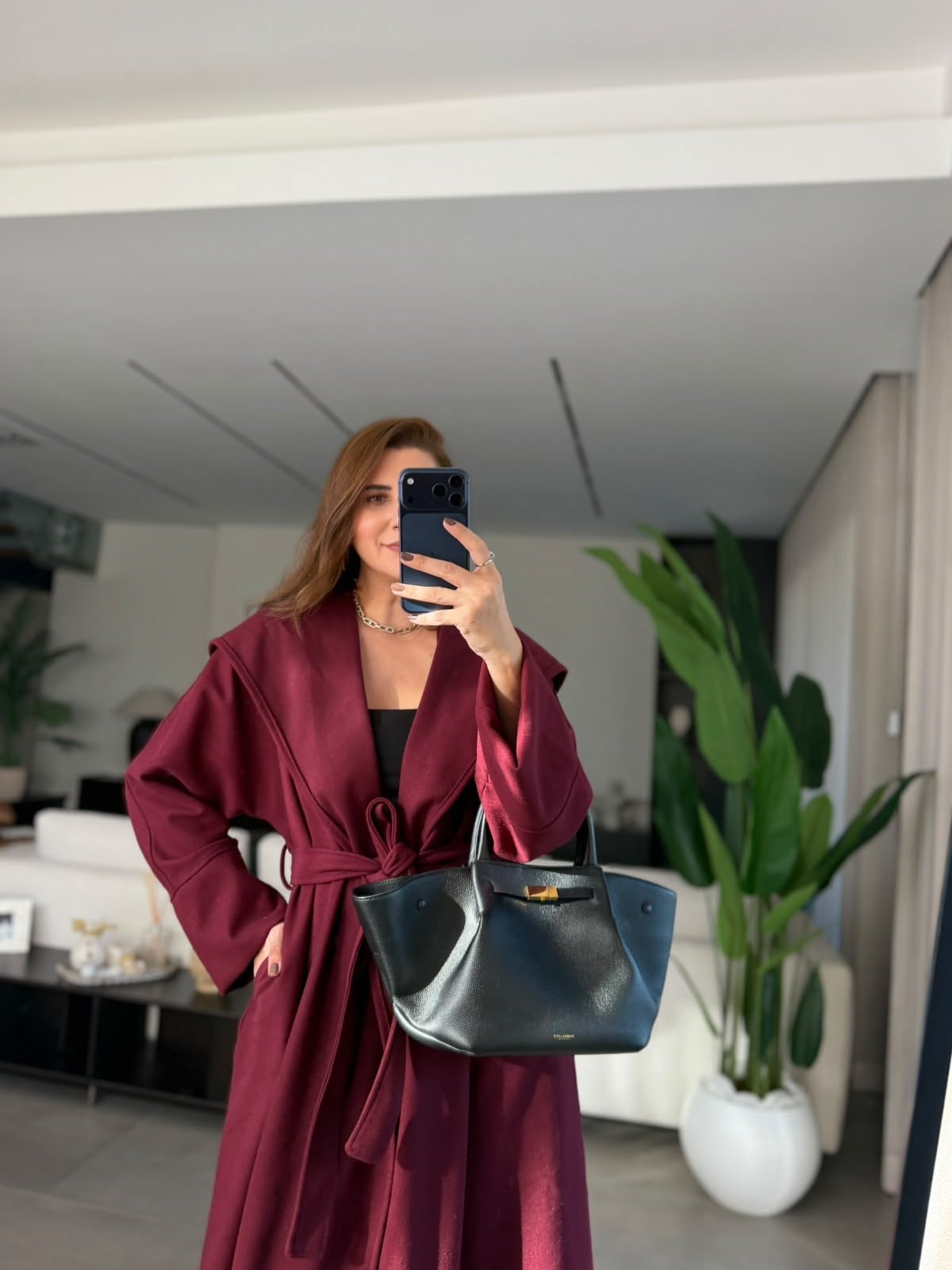 Bordo Uzun Kuşaklı Kaşe Kaban