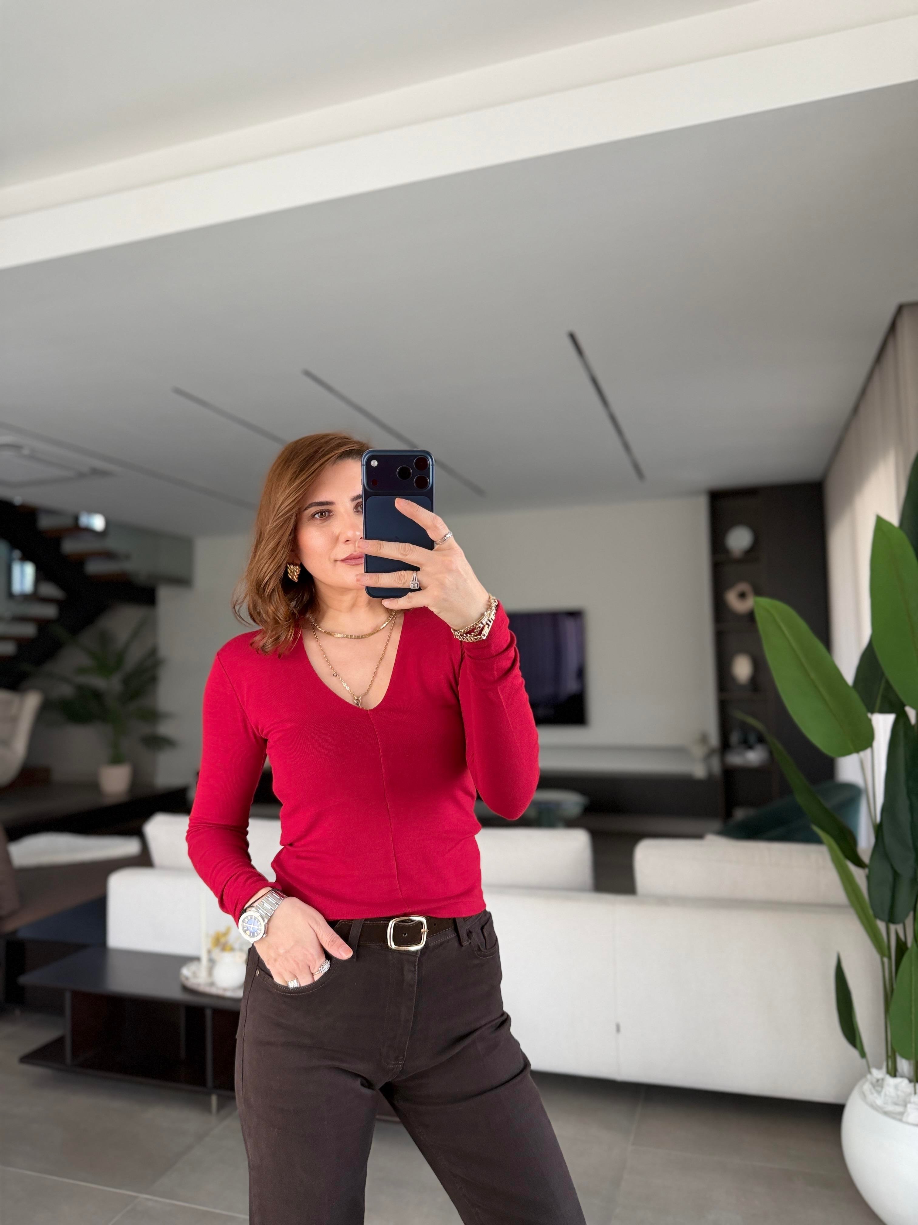 Bordo V Yaka Önü Dikişli Bluz