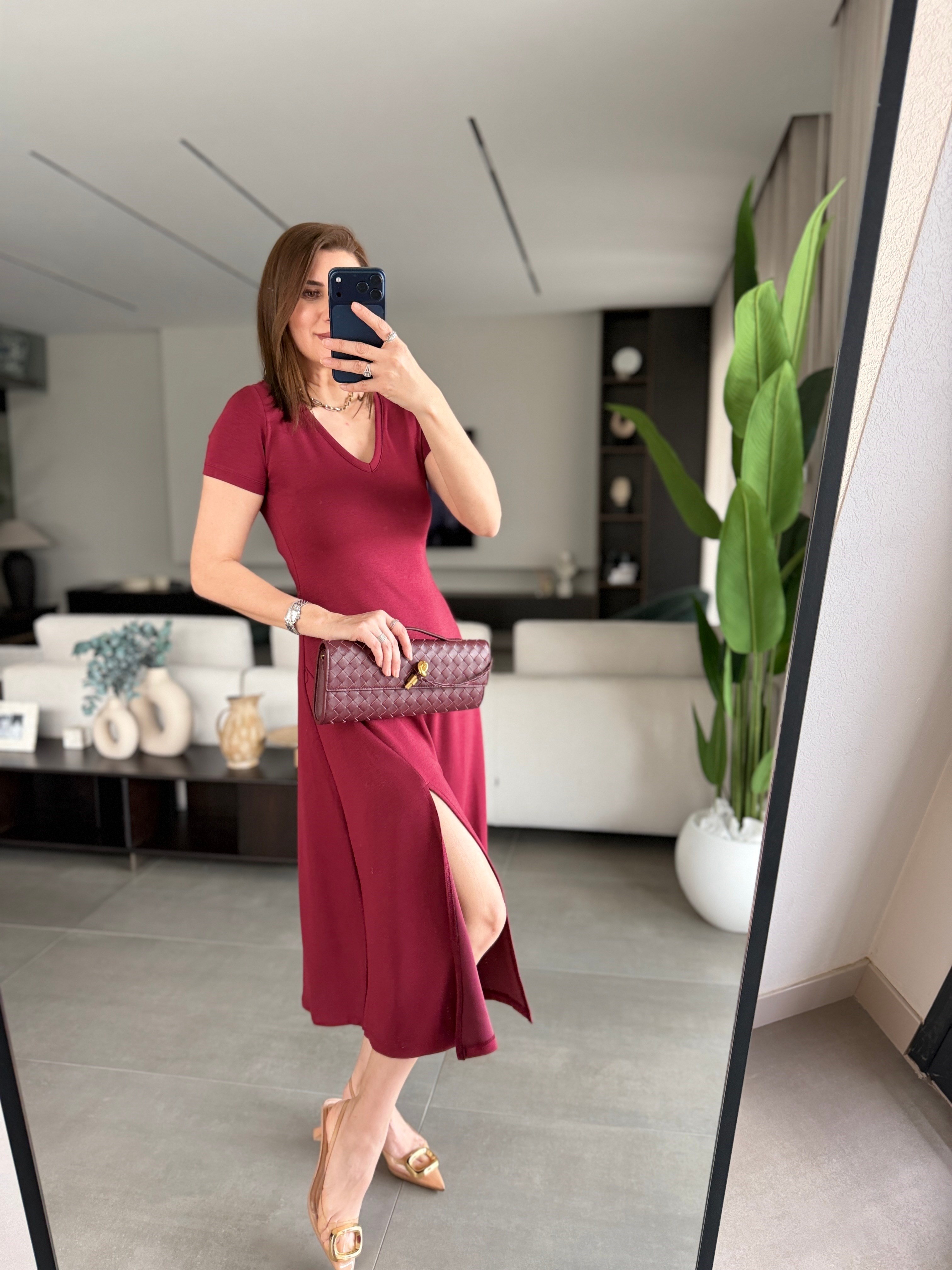 Bordo  V Yaka Yırtmaçlı Modal Elbise