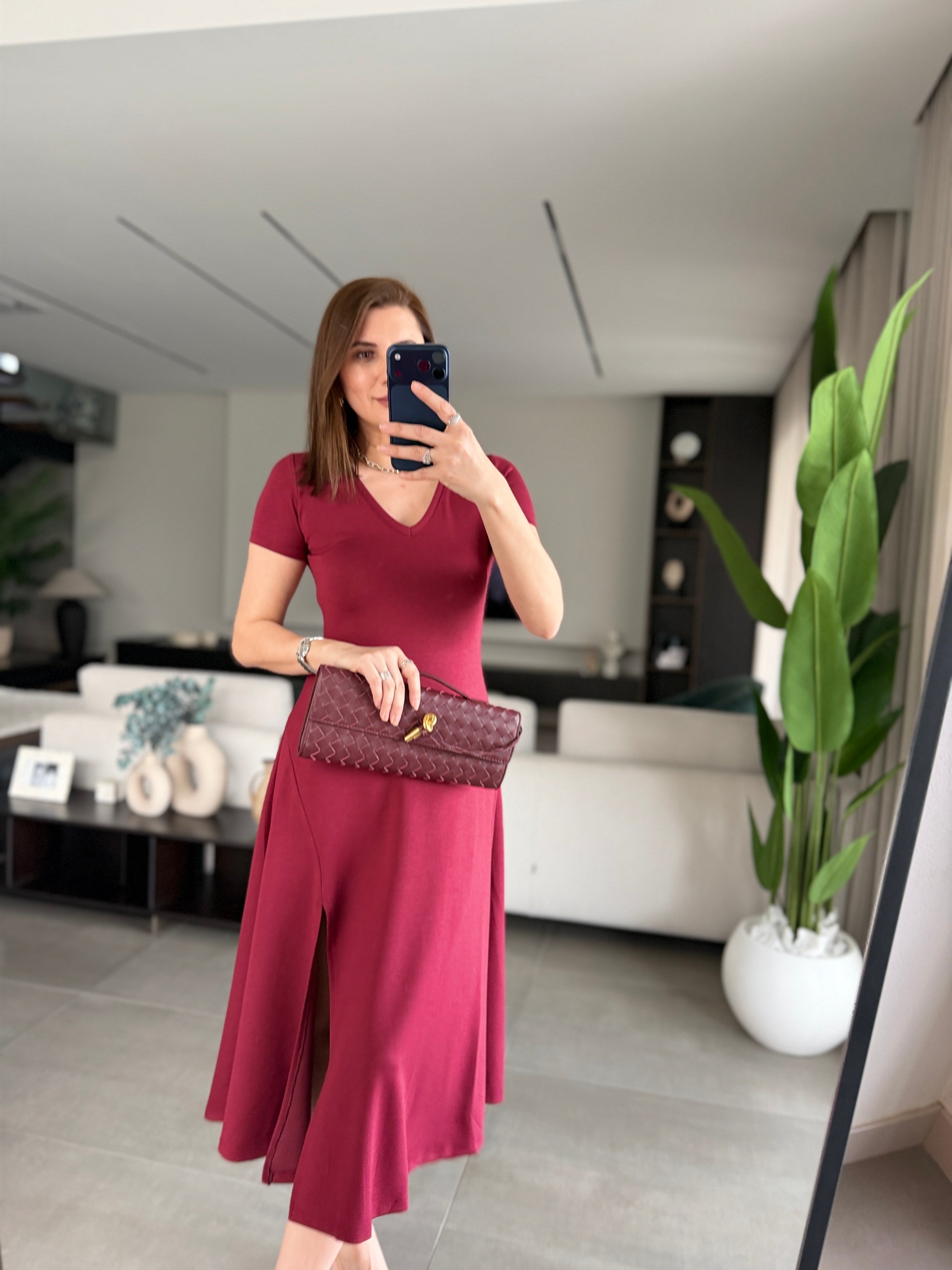 Bordo  V Yaka Yırtmaçlı Modal Elbise