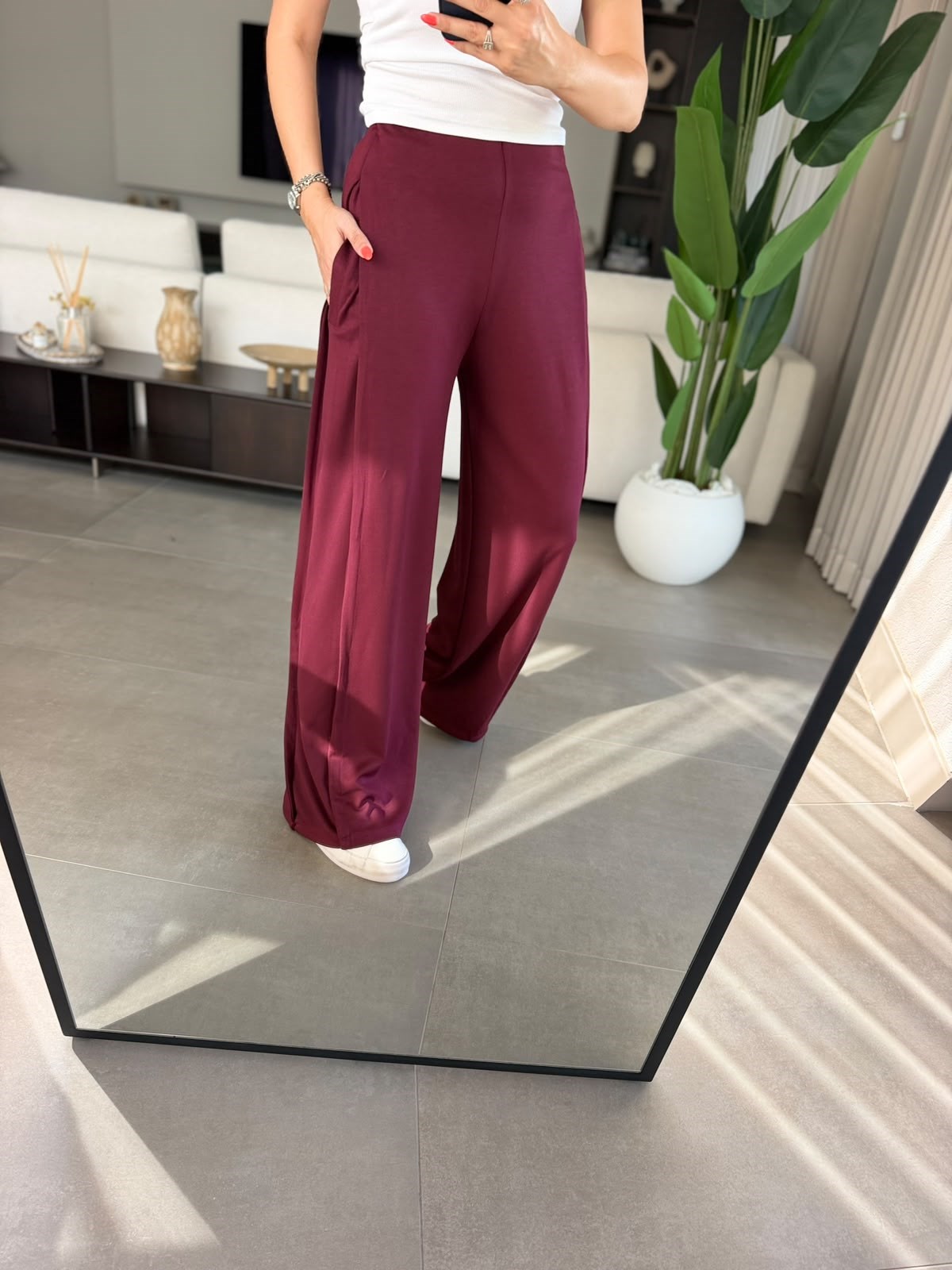 Bordo Yan Pileli Bol Paça Pantolon