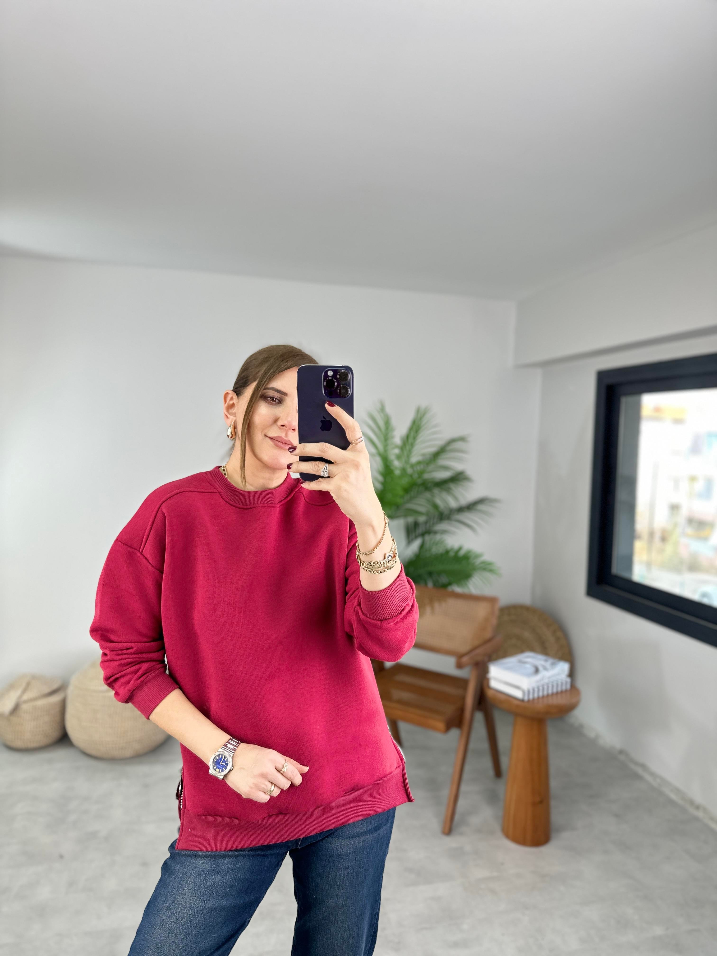 Bordo Yanı Fermuarlı Sweat