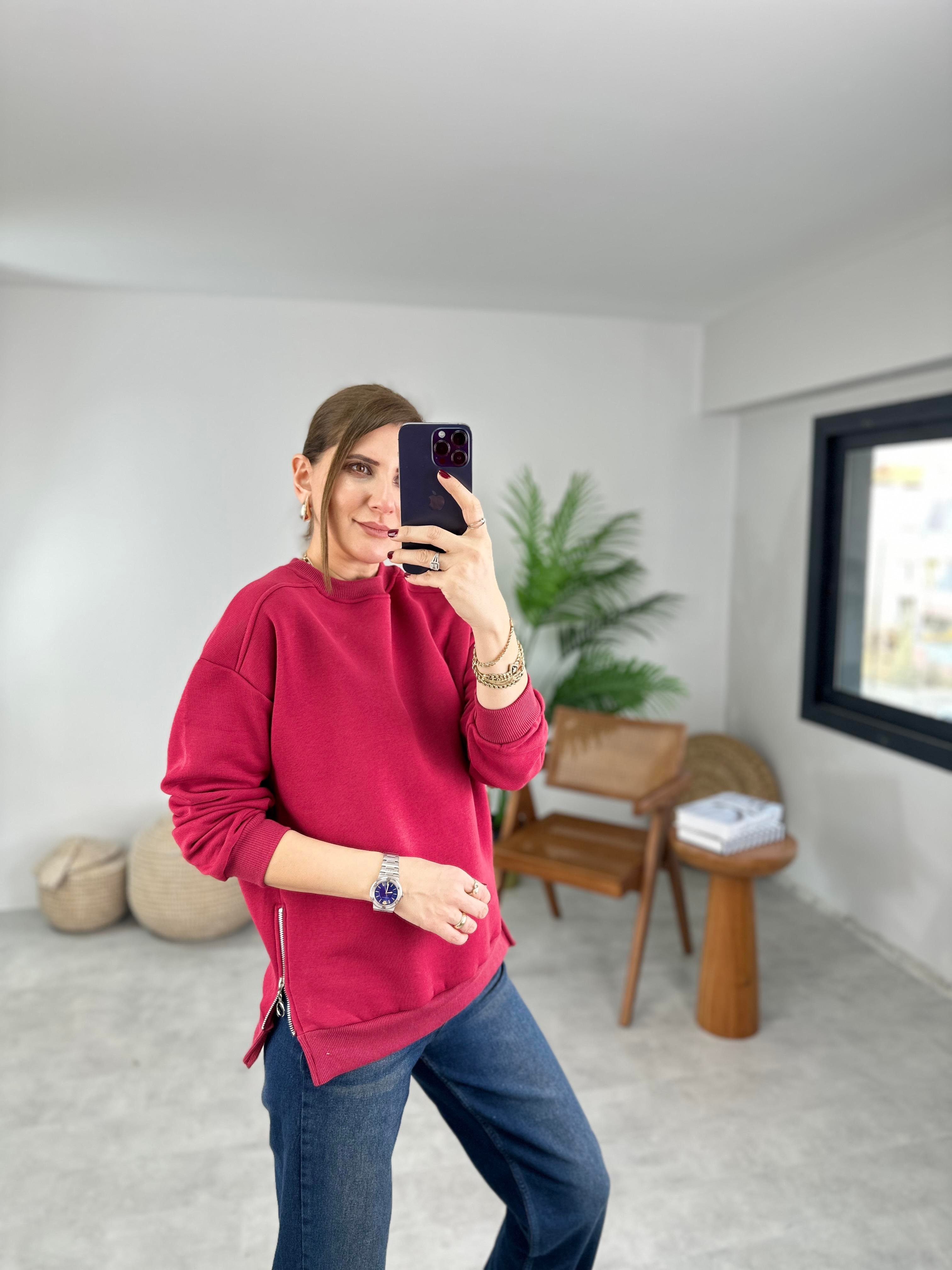 Bordo Yanı Fermuarlı Sweat