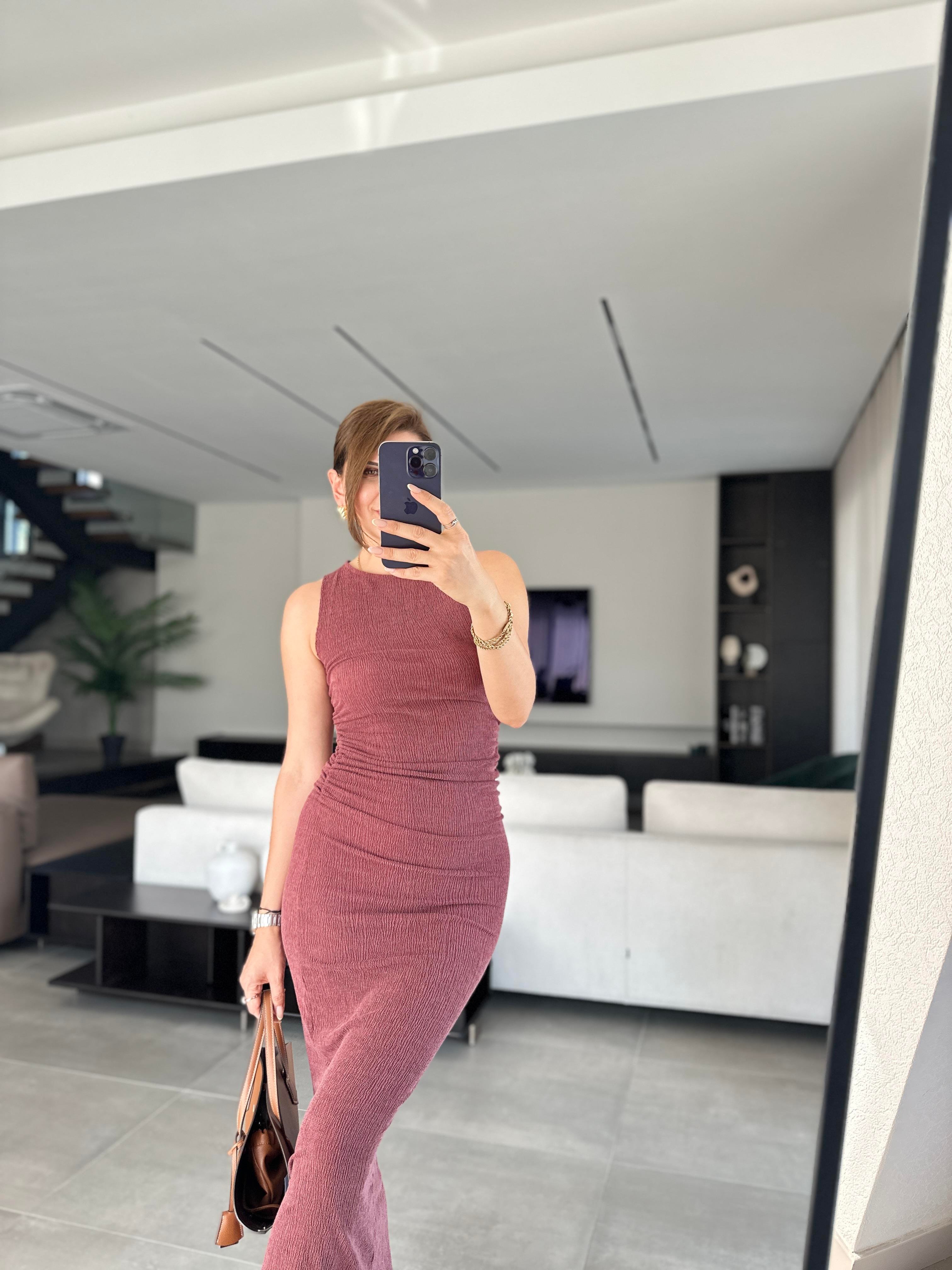 Bordo Yanı Lastik Büzgülü Elbise