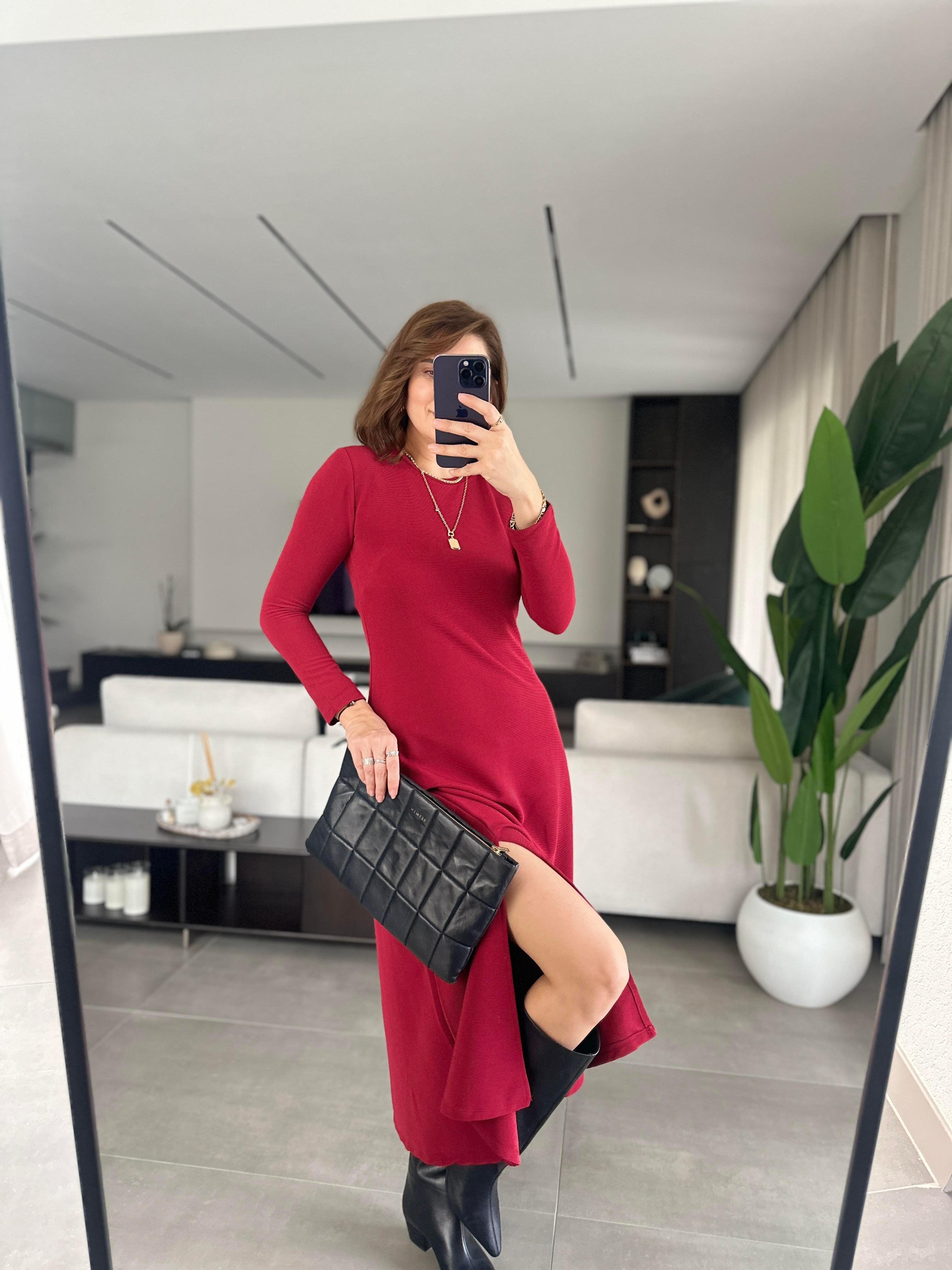 Bordo Yırtmaç Detaylı Elbise