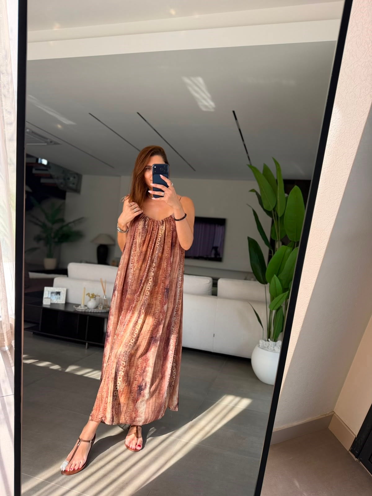 Camel Boncuk Detaylı Desenli Elbise