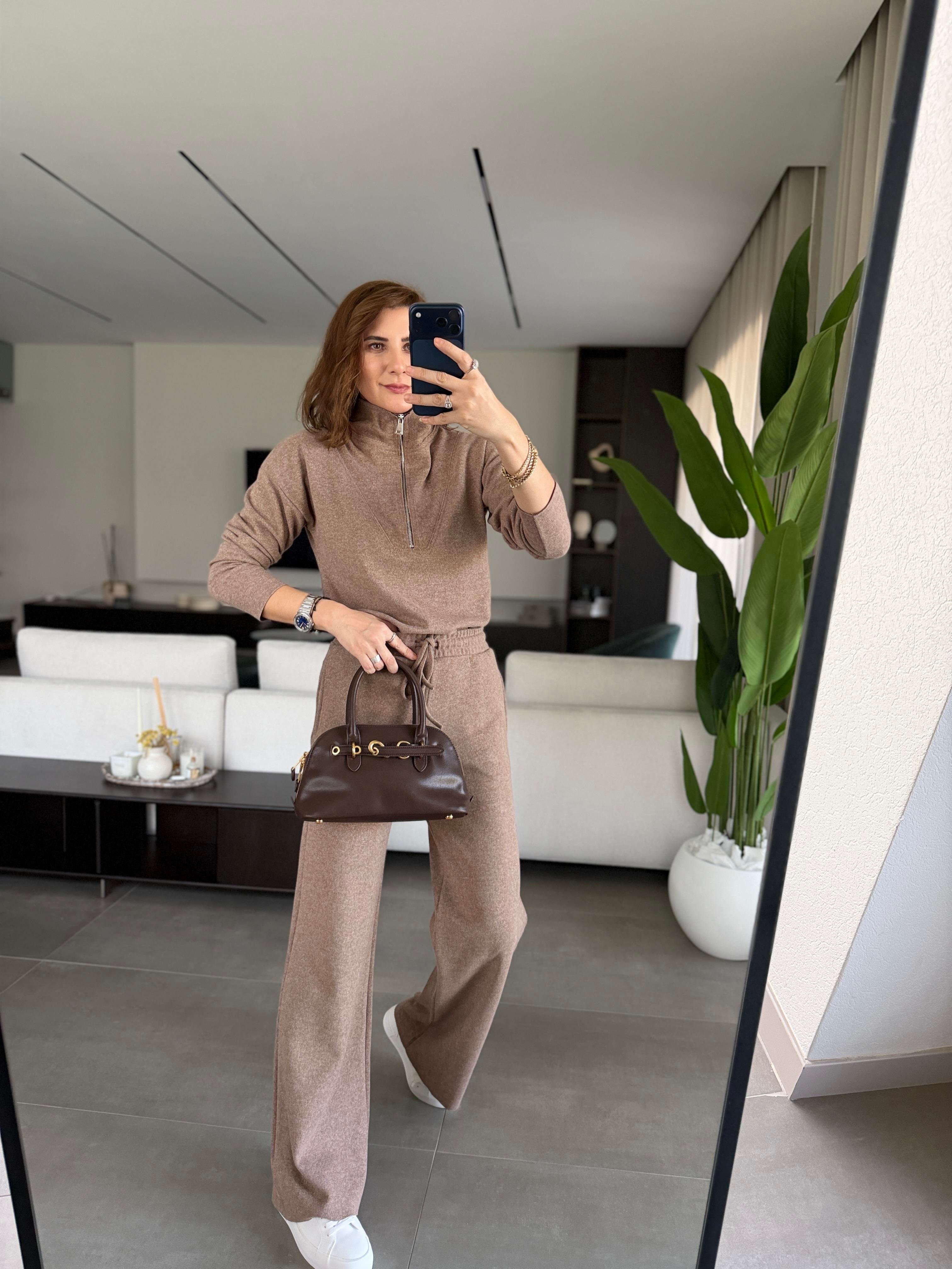 Camel Dik Yaka Yarım Fermuarlı Takım