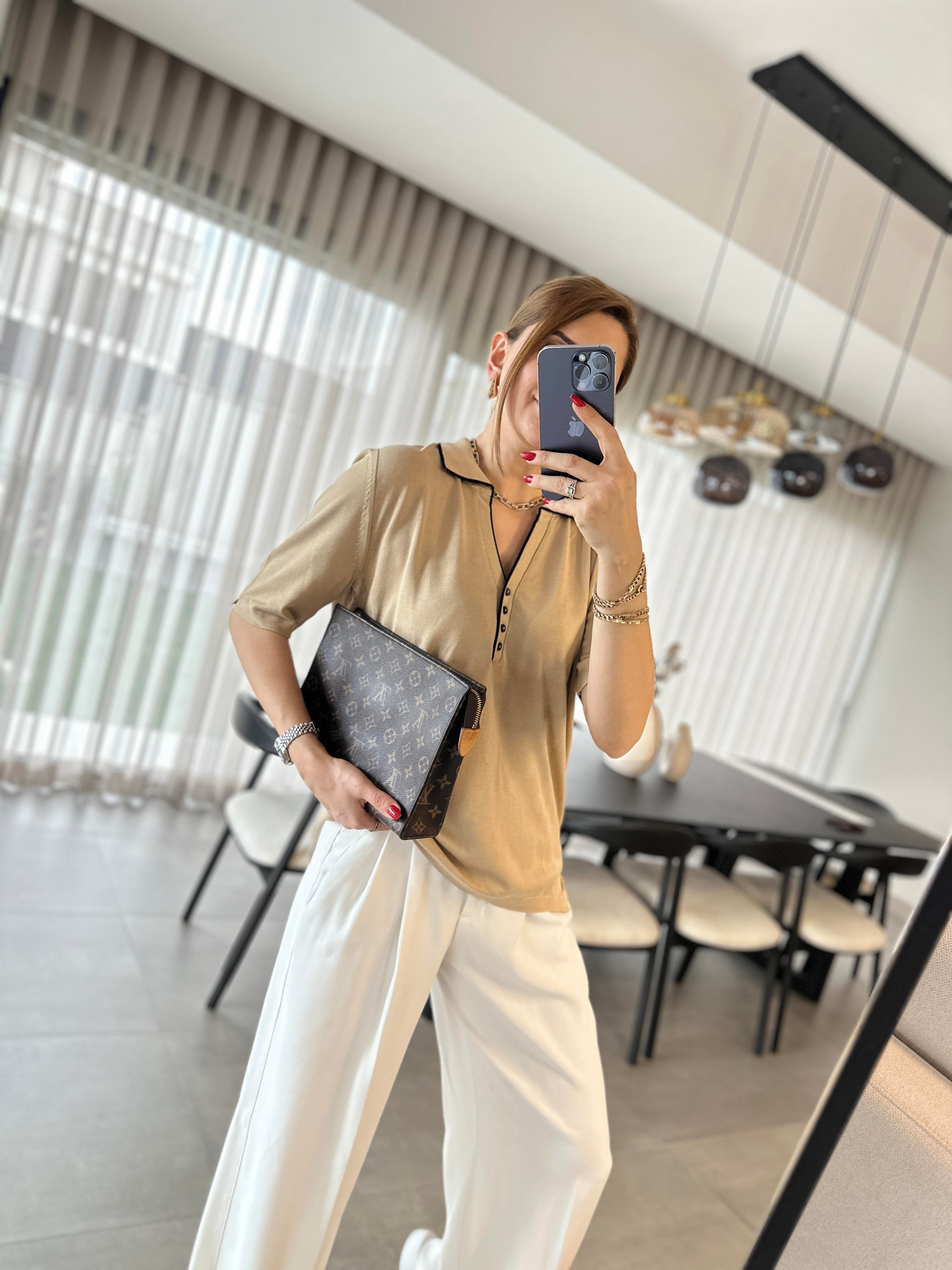 Camel Polo Yaka Düğmeli Yarım Kol Bluz