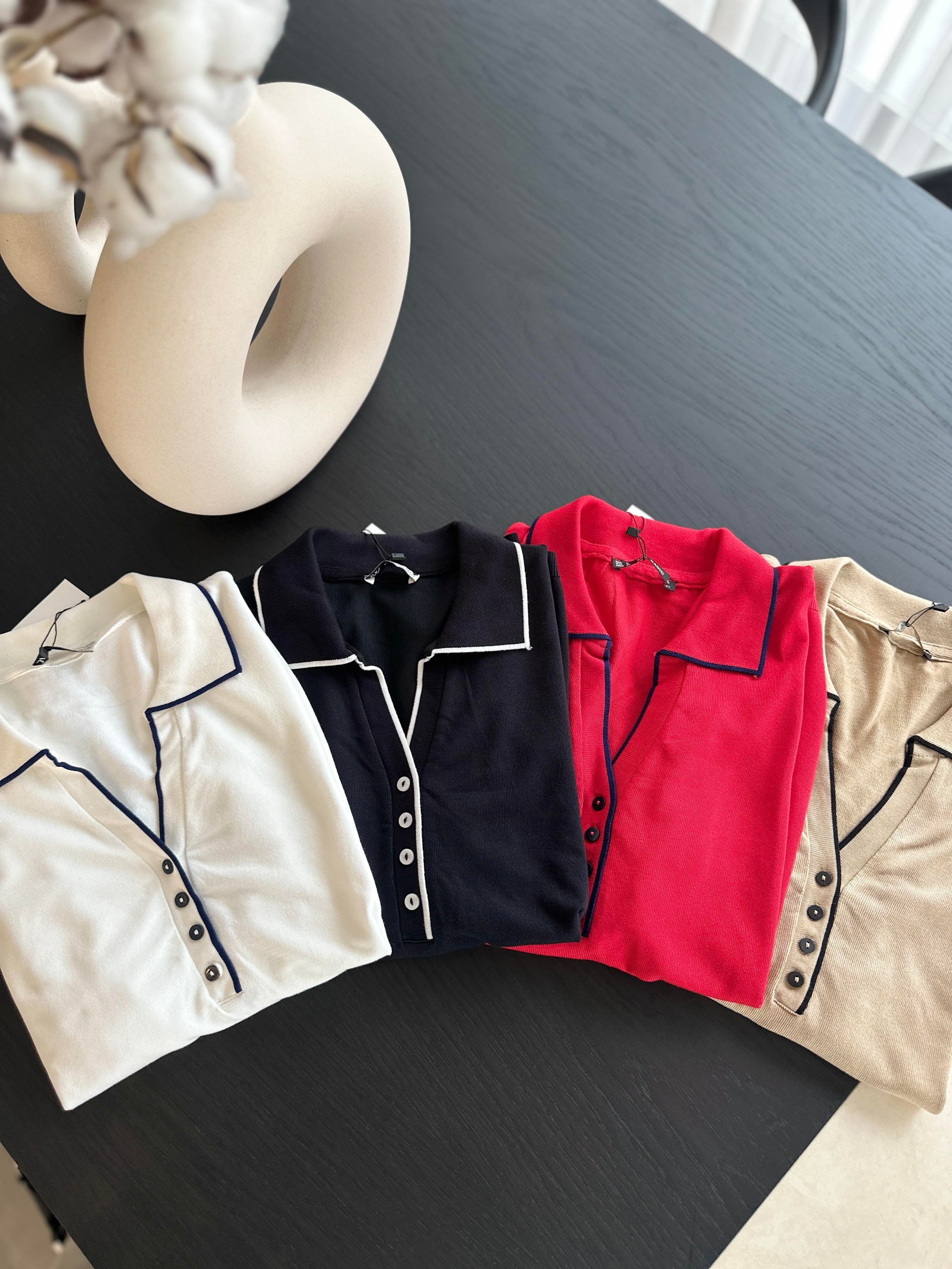 Camel Polo Yaka Düğmeli Yarım Kol Bluz