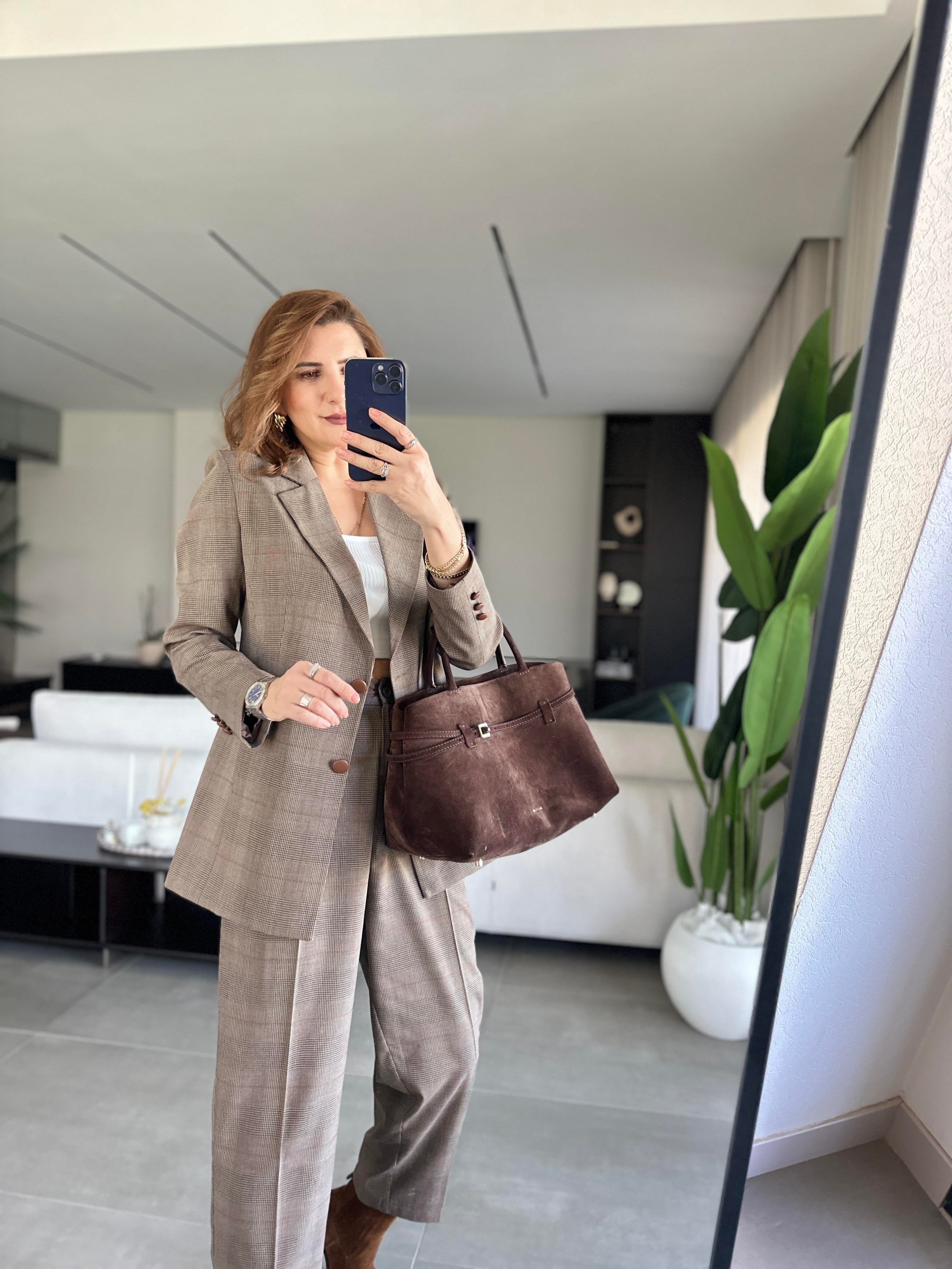 Cep Deri Detaylı Ekoseli Blazer Takım