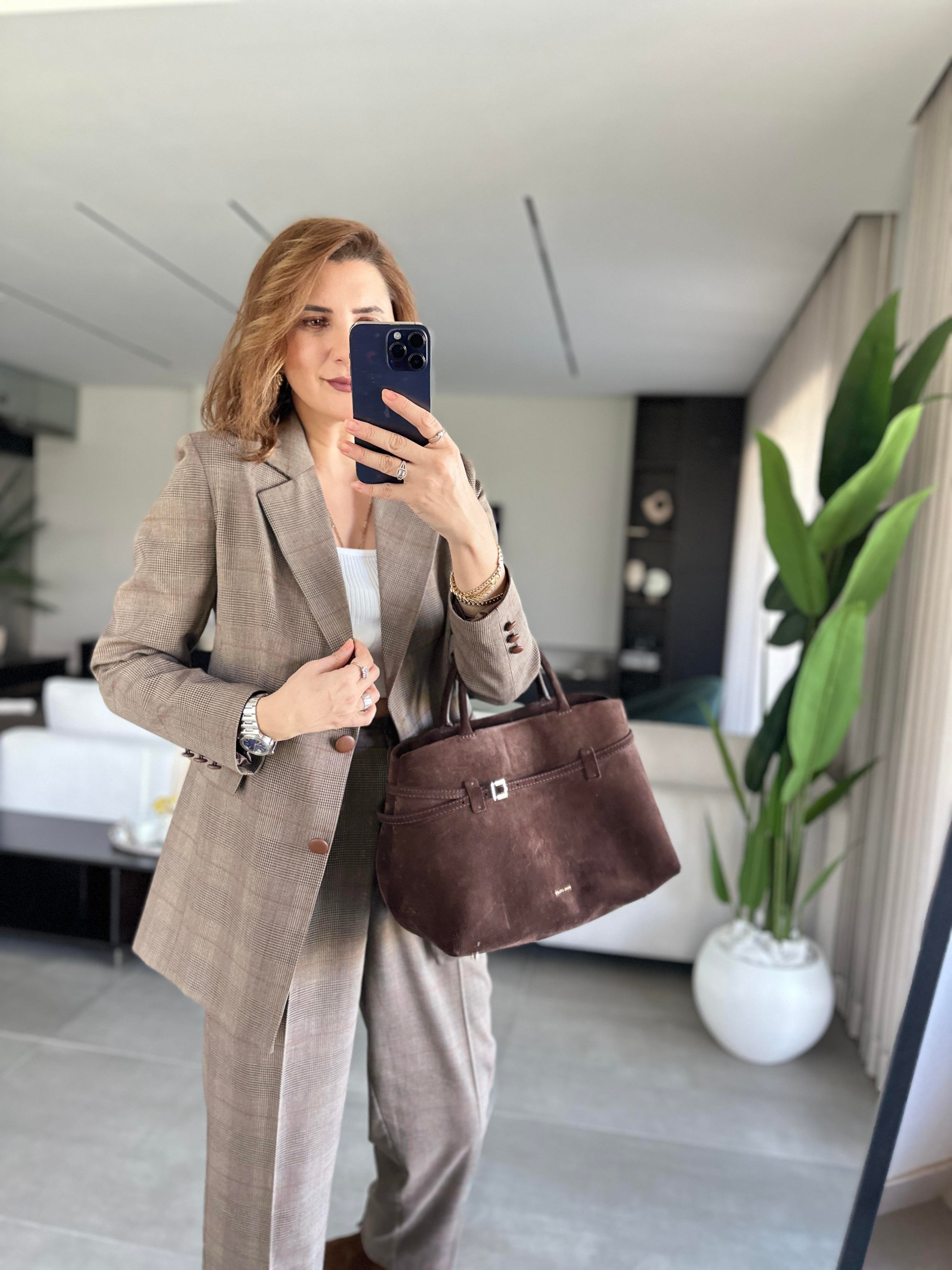 Cep Deri Detaylı Ekoseli Blazer Takım